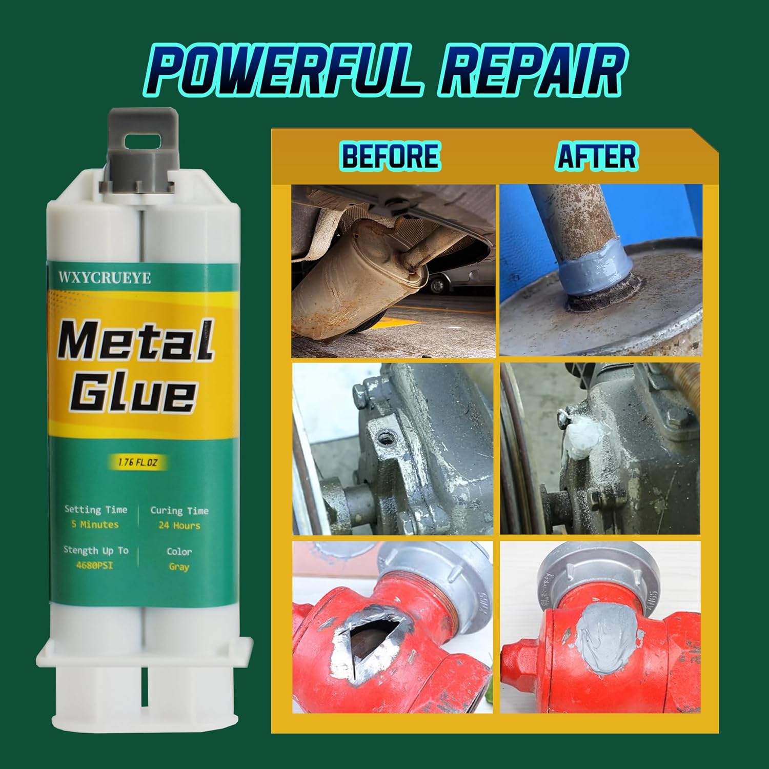 High strength metal repair glue and muffler repair kit