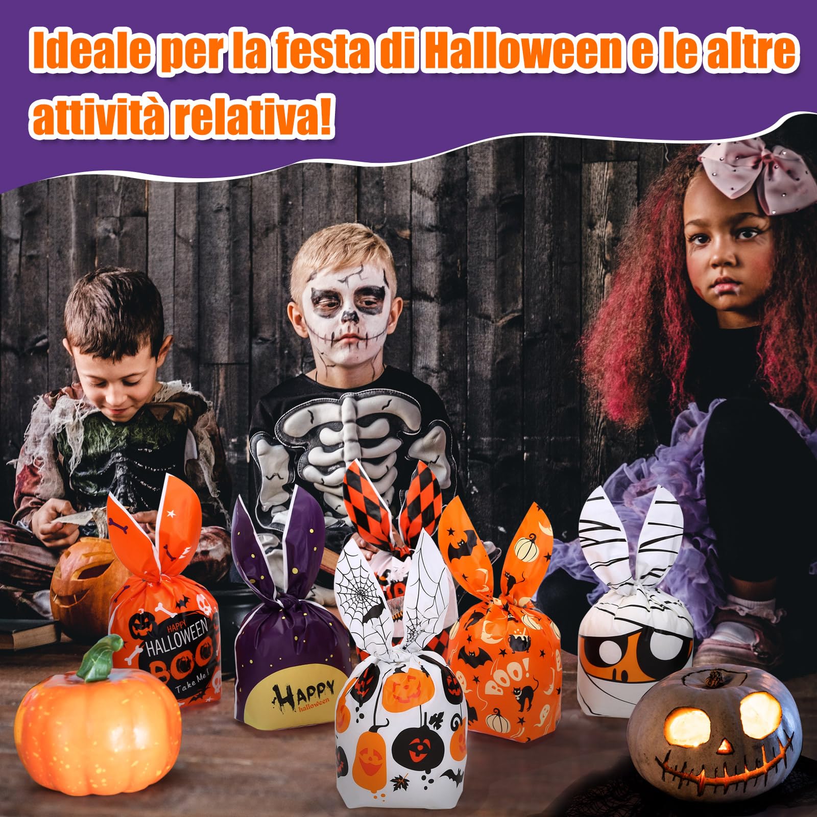 50 sacchetti per caramelle a tema Halloween, graziose orecchie da coniglio, sacchetti in plastica per dolcetti o scherzi, sacchetti regalo per biscotti, biscotti, caramelle, snack, chicche (stile 4
