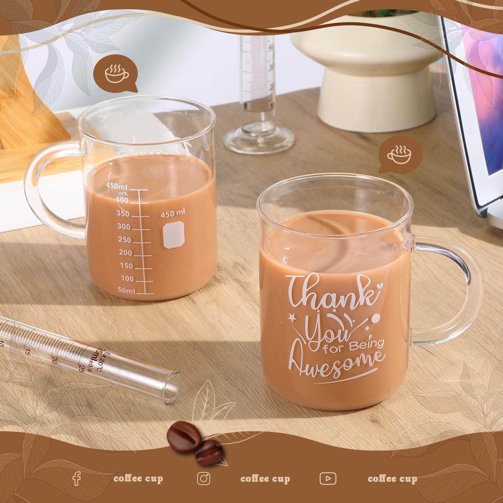 Hsei Lot de 4 gobelets gradués en verre borosilicate avec poignée « Thank You for Being Awesome », pour café, latte, thé, boisson, 450 ml