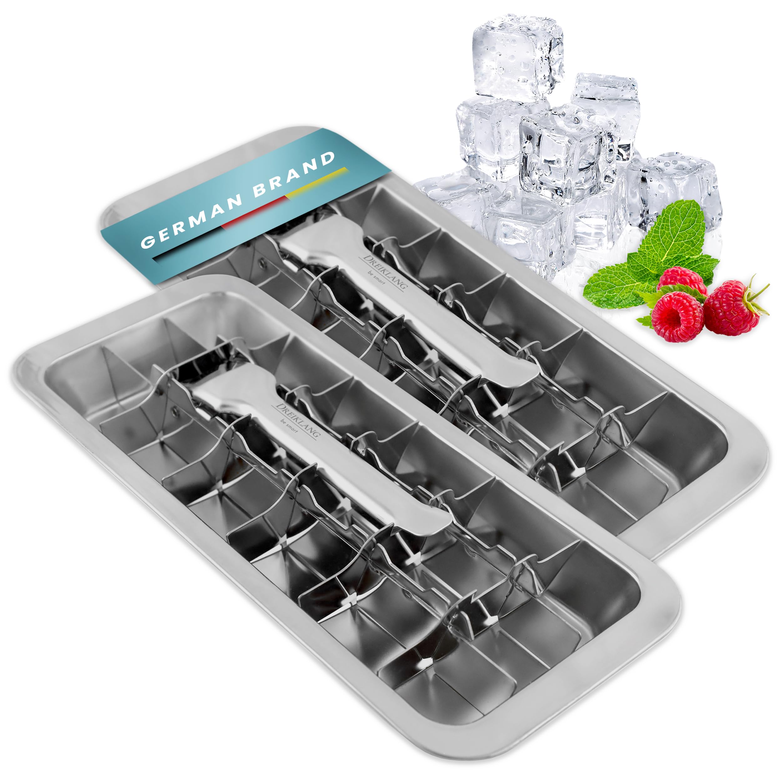 Dreiklang - be smart Bac à Glaçons Inox Lot de 2 18/8 poli avec Levier – Moule à Glace sans plastique & alimentaire pour 36 gros glaçons Ice Cube