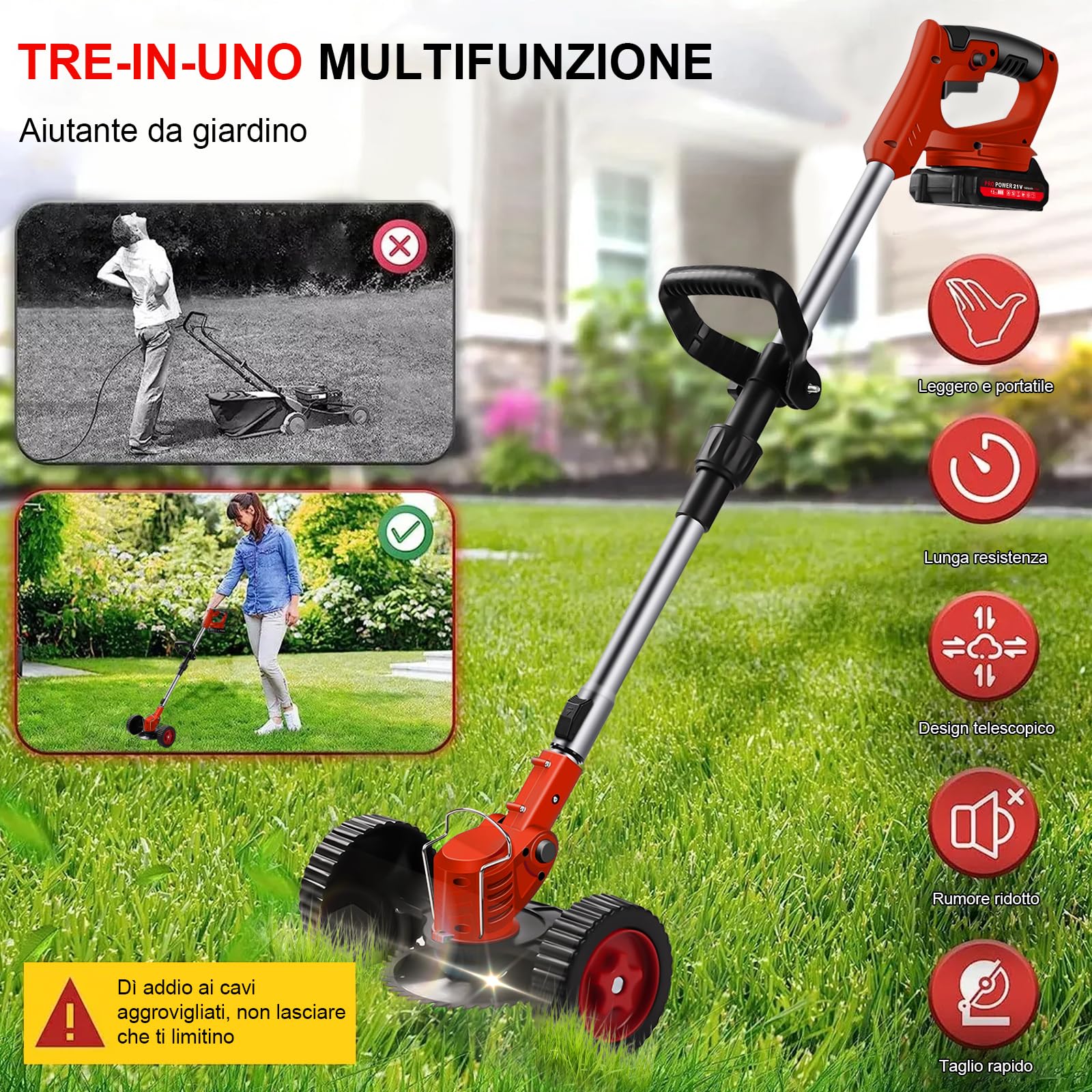 Debroussailleuse Electrique sans Fil Coupe Bordure 21V avec 2 Batteries 1.5Ah, Roues, 4 Type Lames, Poignée Réglable, Pliable, Tête Pivotante 90° pour Jardin Élagage