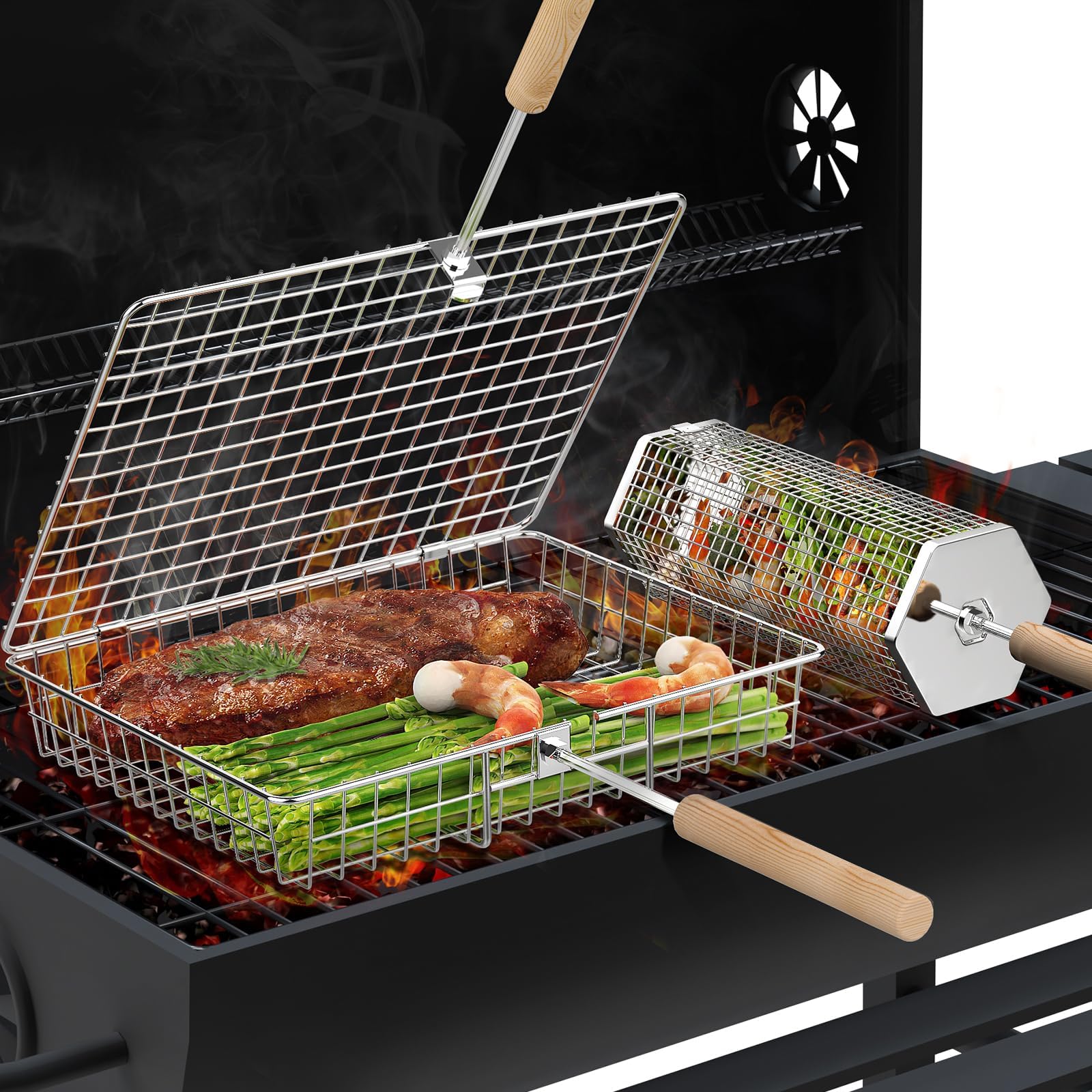 ivtivfu Grill Basket Set,Removable Wooden Handle, 304 Stainless Steel, Rolling Grilling Net, BBQ Accessories Tools for Vegetables Shrimp, Outdoor Cooking Camping, Birthday Gifts for Men