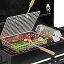 Grill Basket Set, Removable Wooden Handle, 304 Stainless Steel, Rolling BBQ Tools, Smoker Grilling Accessories for Vegetable Fish, Outdoor Cooking Camping, Birthday Gifts for Men Dad Husband