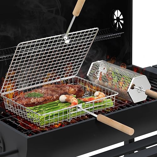 ivtivfu Grill Basket Set, Removable Wooden Handle, 304 Stainless Steel,