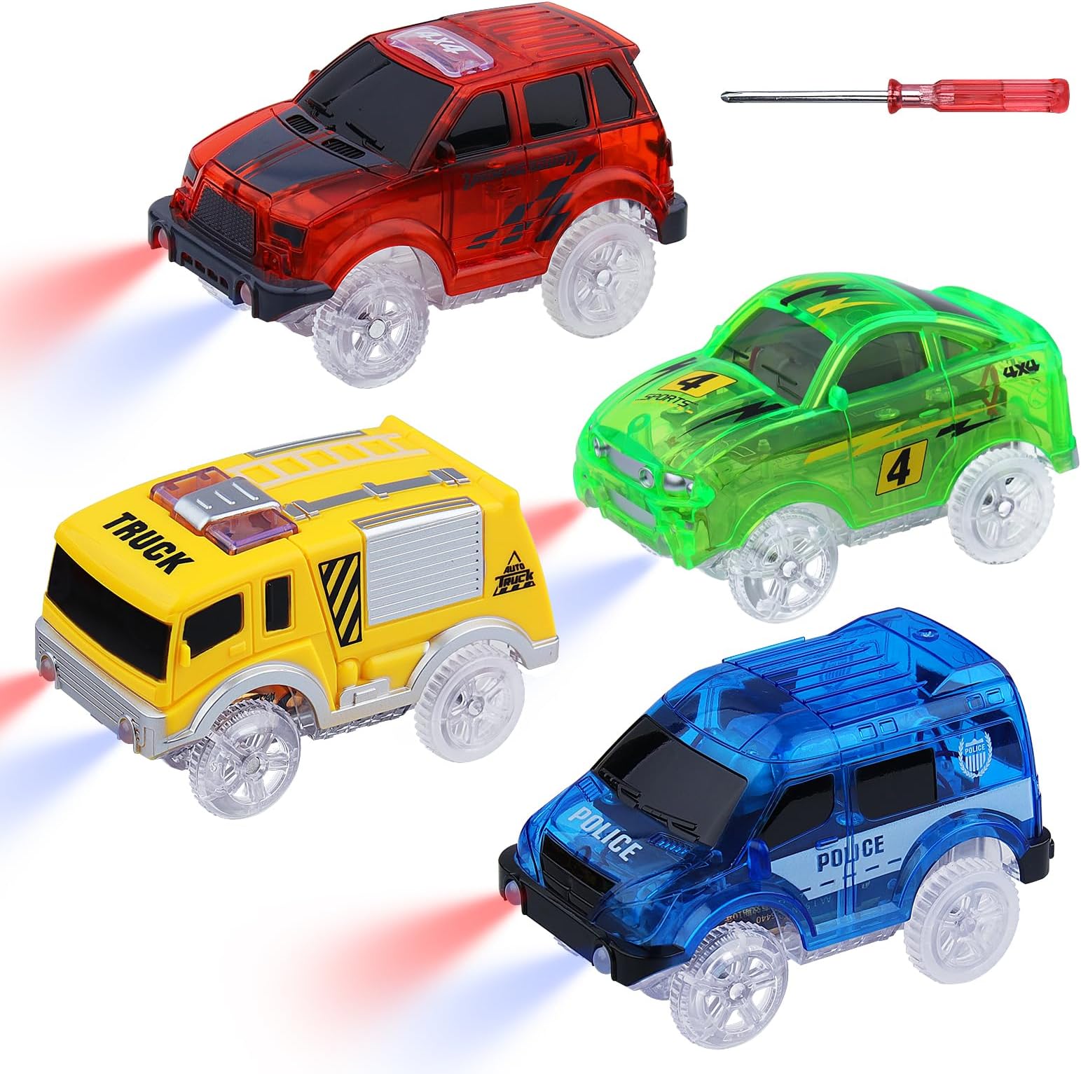 Tracks Cars 4PCS Magic LED Light-up Track Car Replacement Only,Flex Race Cars Glow in The Dark with 5 Flashing LED Lights Fits Most Tracks,Perfect Car Toys for 3-8 Kids,Boys&Girls