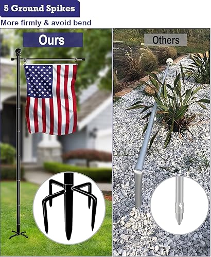 Vista 3 de Poste de bandera de jardín de 10 pies para banderas estadounidenses de 3 x 5 pies, asta de bandera ajustable con base de 5 picos para patio al aire