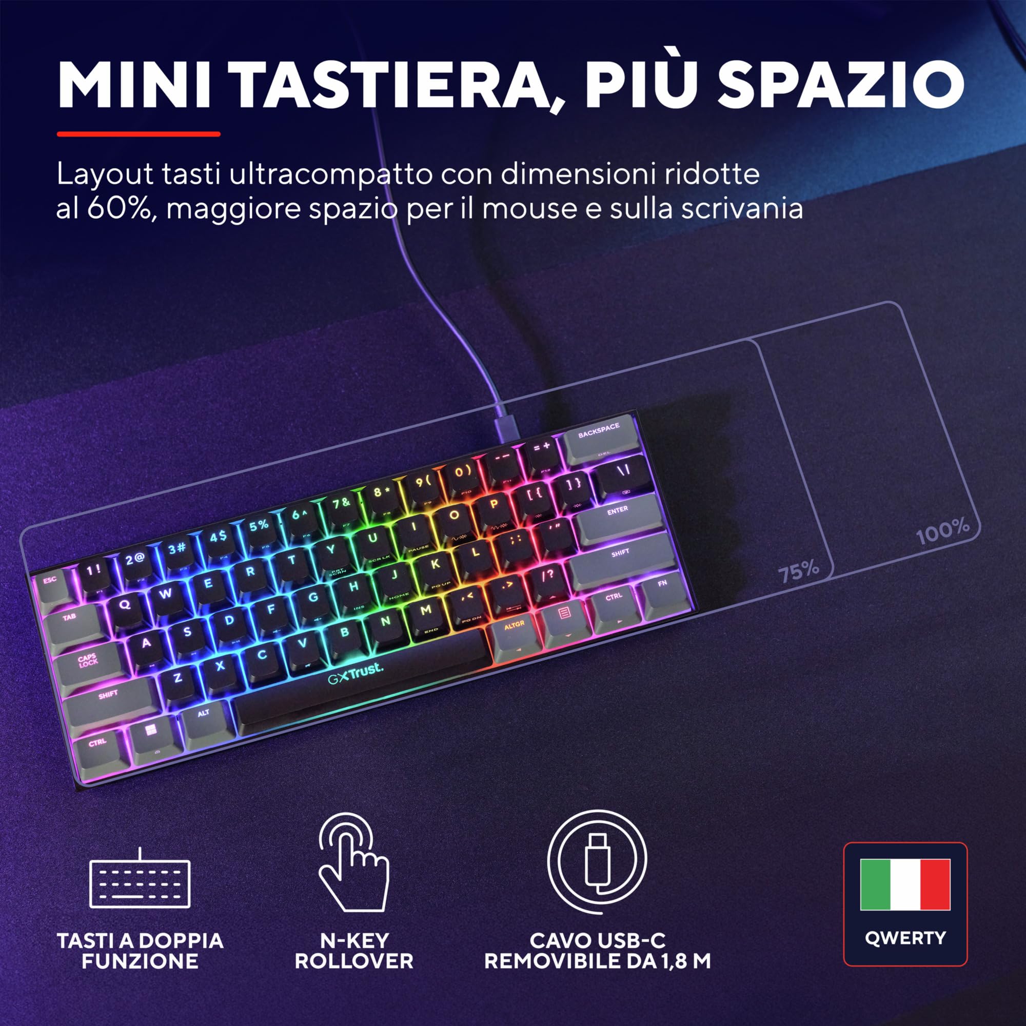 GXTrust 867 Acira Tastiera Meccanica 60% Layout Italiano QWERTY, Mini Tastiera Retroilluminata RGB, Tasti a Doppia Funzione, USB Tastiera Gaming Programmabile PC Laptop Portatile - Nero