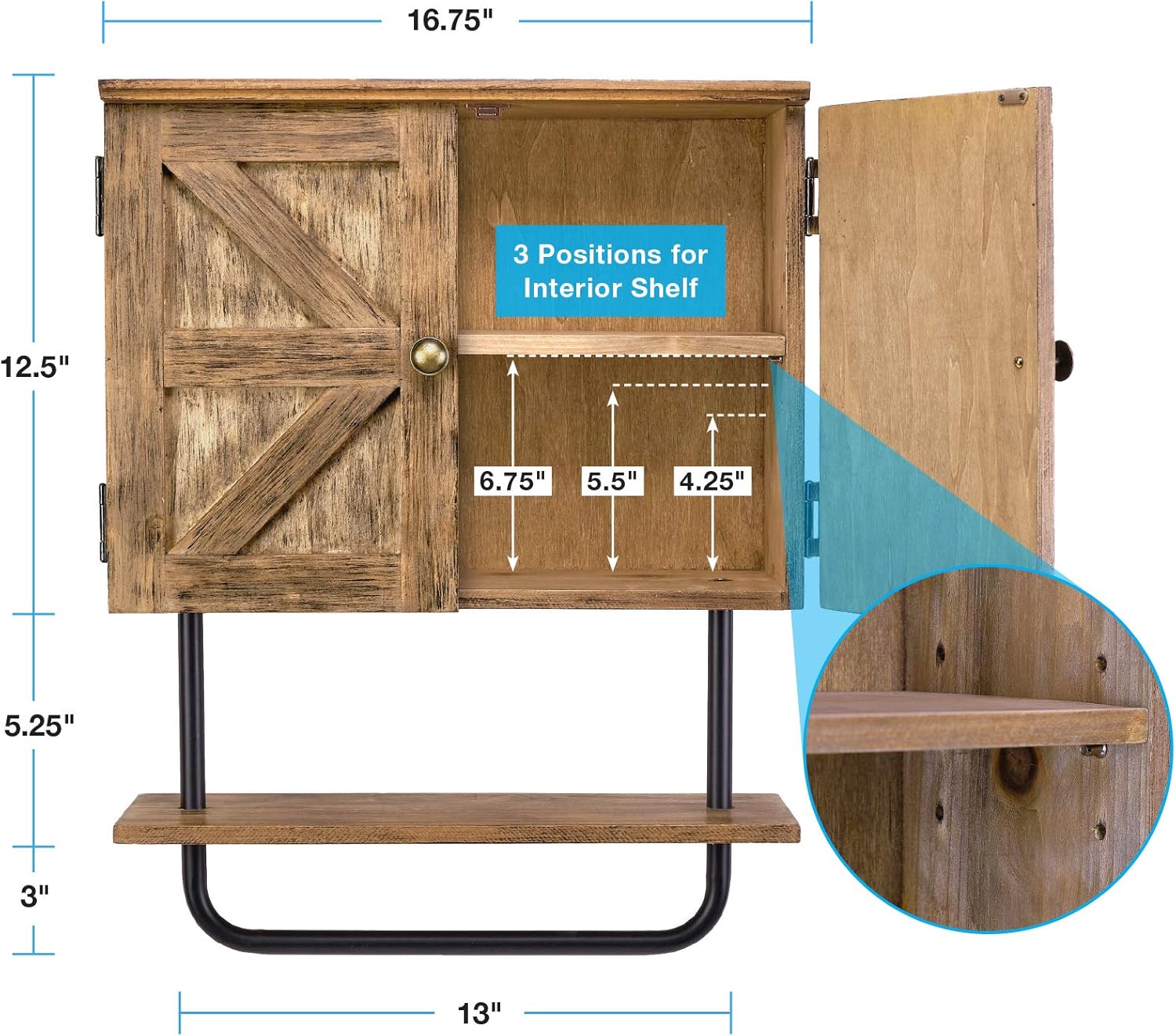 EXCELLO GLOBAL PRODUCTS 17x21'' Barndoor Bathroom Wall Cabinet, Space Saver Storage Cabinet Kitchen Medicine Cabinet with Adjustable Shelf and Towel Bar, Brown