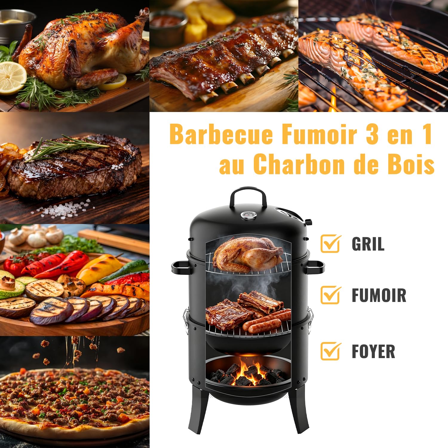 Barbecue Fumoir 3 en 1, Smoker Fumoir au Charbon pour Fumoir Viande et Poisson, Version A Froid avec Thermomètre et Évacuation d'Air Réglable, Barbecue charbon 2 Grilles Inox