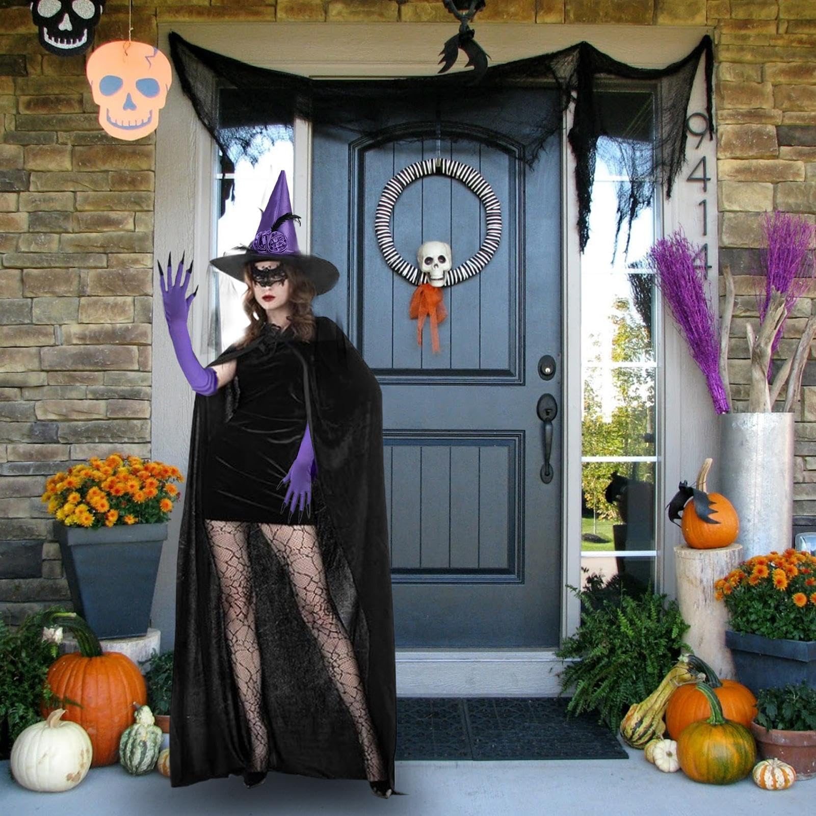 Kostium czarownicy – zestaw do cosplay czarownicy – Halloween, koronkowa maska skarpety, peleryna, kapelusz na scenę, imprezy, wesele