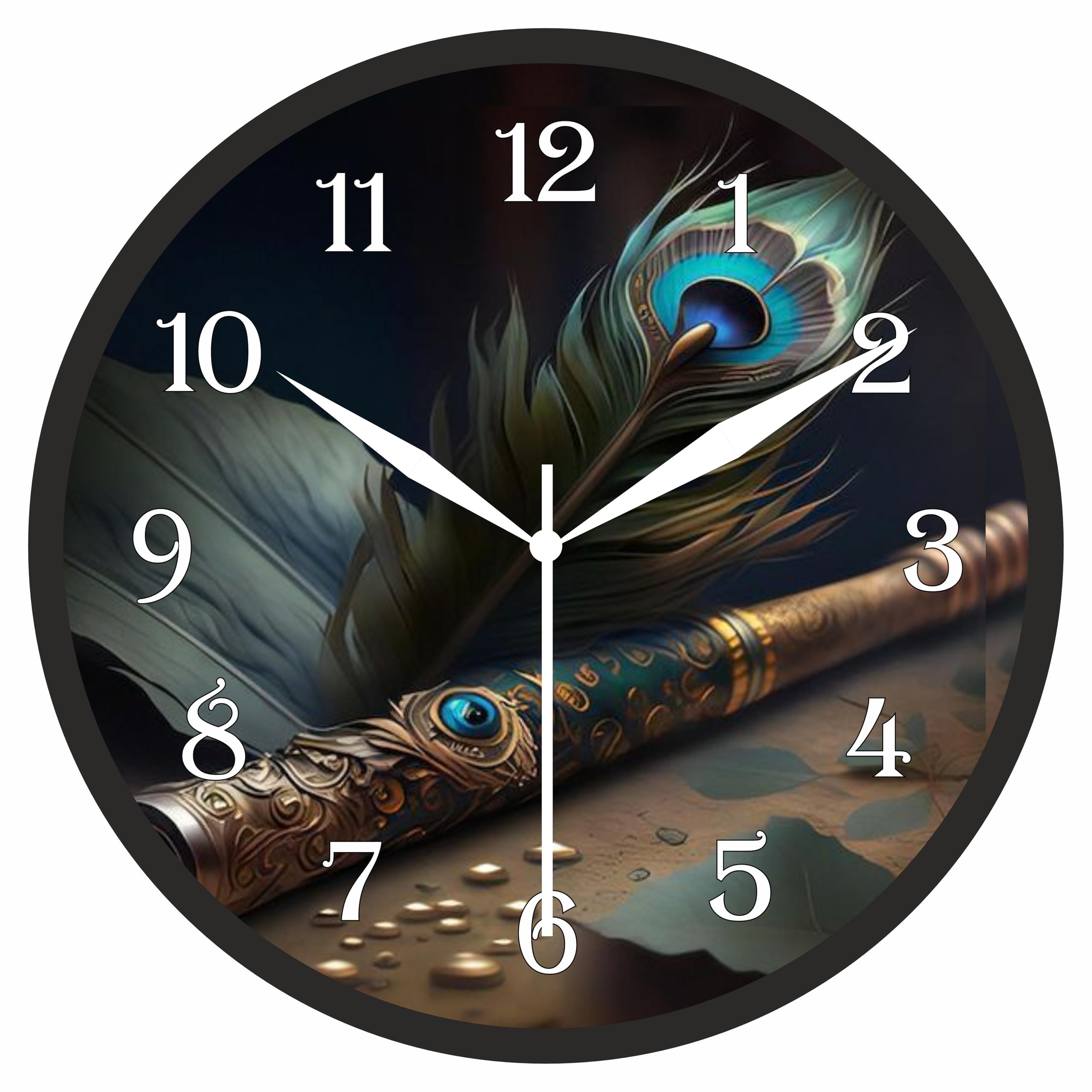 AmeraKart-10 Inch Analog Decorative Mor Pankh-Bansuri Wall Clock I Peacock Feather Design I Free Adhesive Hook- No Drill Installation I Living Room, Bedroom & Office-image-21