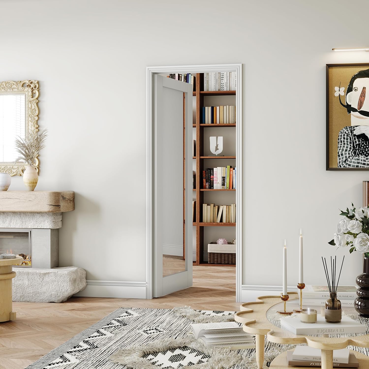 48" x 80" Interior Door, 1 Lite Mirror Glass French Pantry & Closet Door, Double Pre-Finished Slab Doors, MDF, White Primed (Hinges Not Included)
