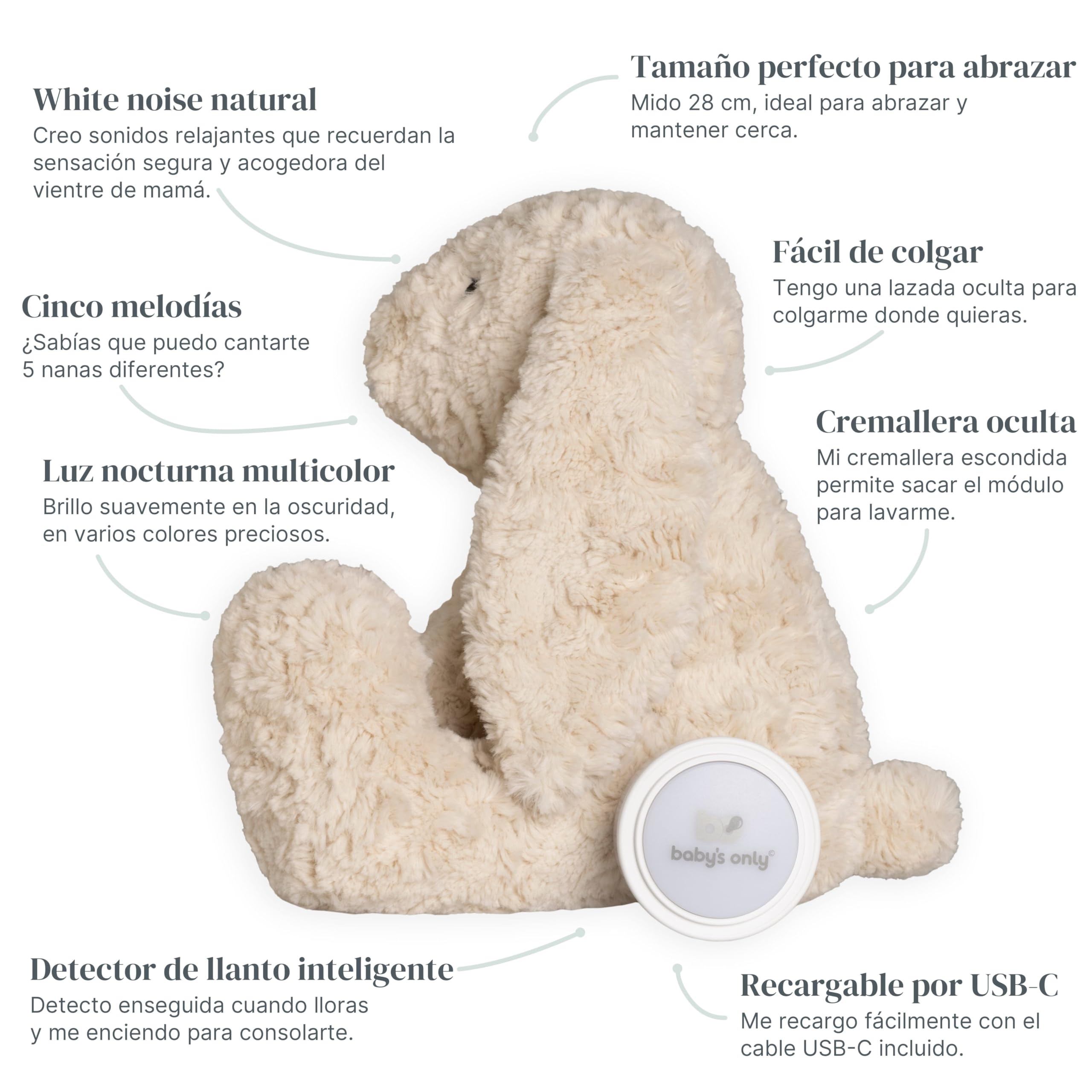 Baby's Only - Bibi el conejo de peluche con entrenador de sueño - Peluche con musica relajante para dormir - Ruido blanco bebe - Warm Linen