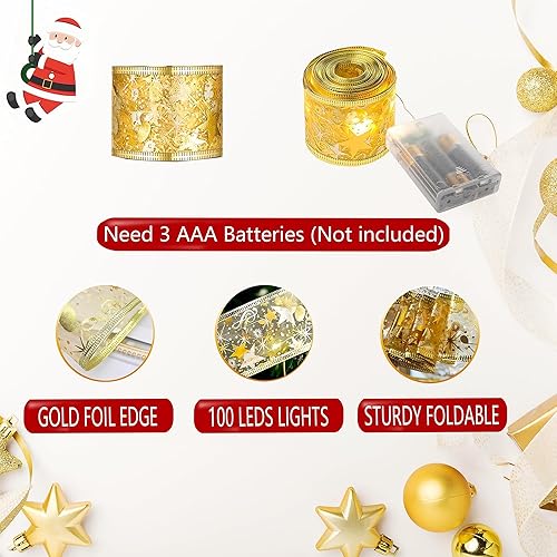 Miniatura 2 de Decoración para árbol de Navidad, tira de cinta dorada de 32 pies para árbol de Navidad, 100 luces LED, lazos de alambre de cobre, luces para