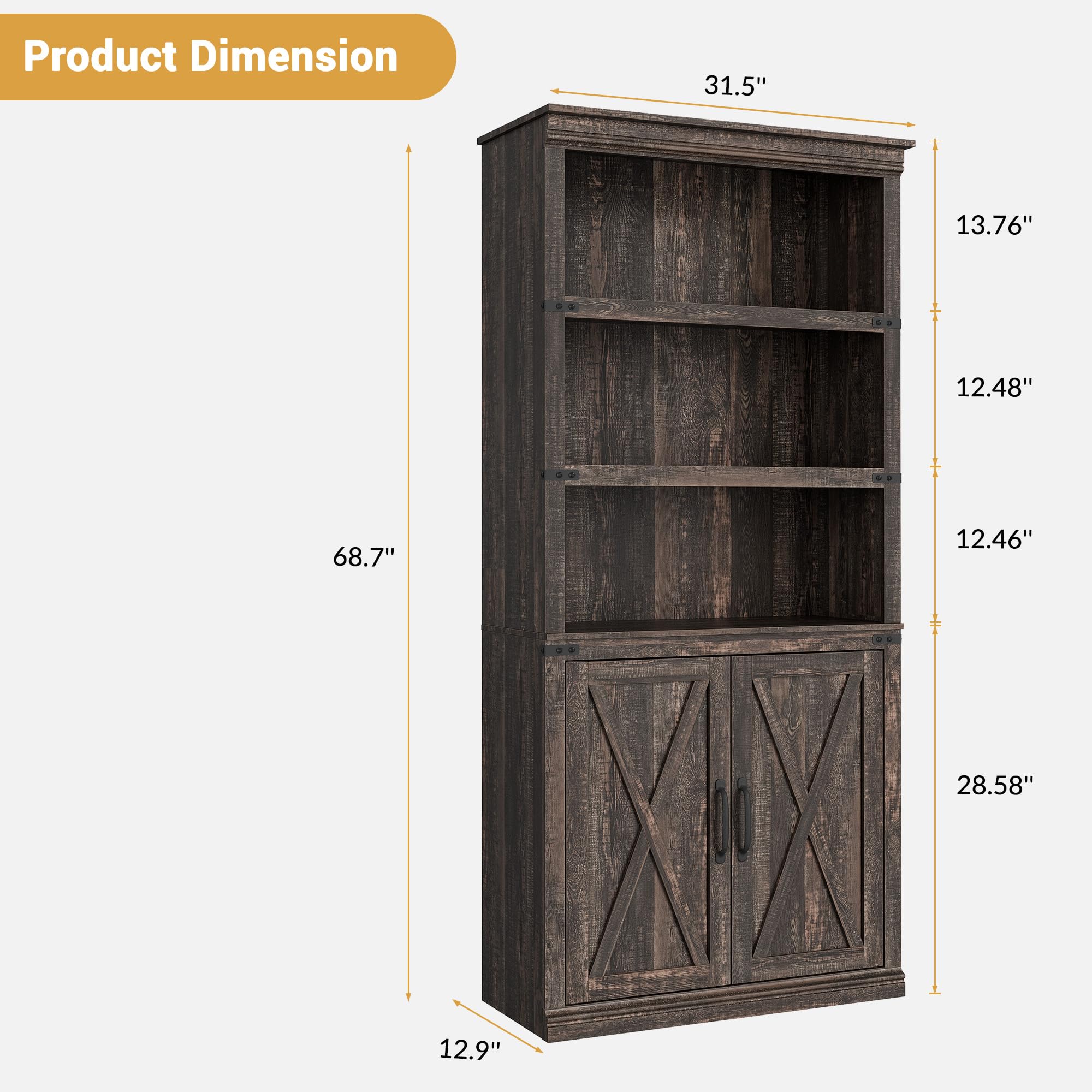 Bücherregal Mit 2 Türen, Standregal Mit 5 Ebenen, Industriestil Bücherschrank, Vitrinenschrank Aufbewahrungsregal Für Arbeitszimmer, Büro, Wohnzimmer, Schlafzimmer, Dunkle Eiche