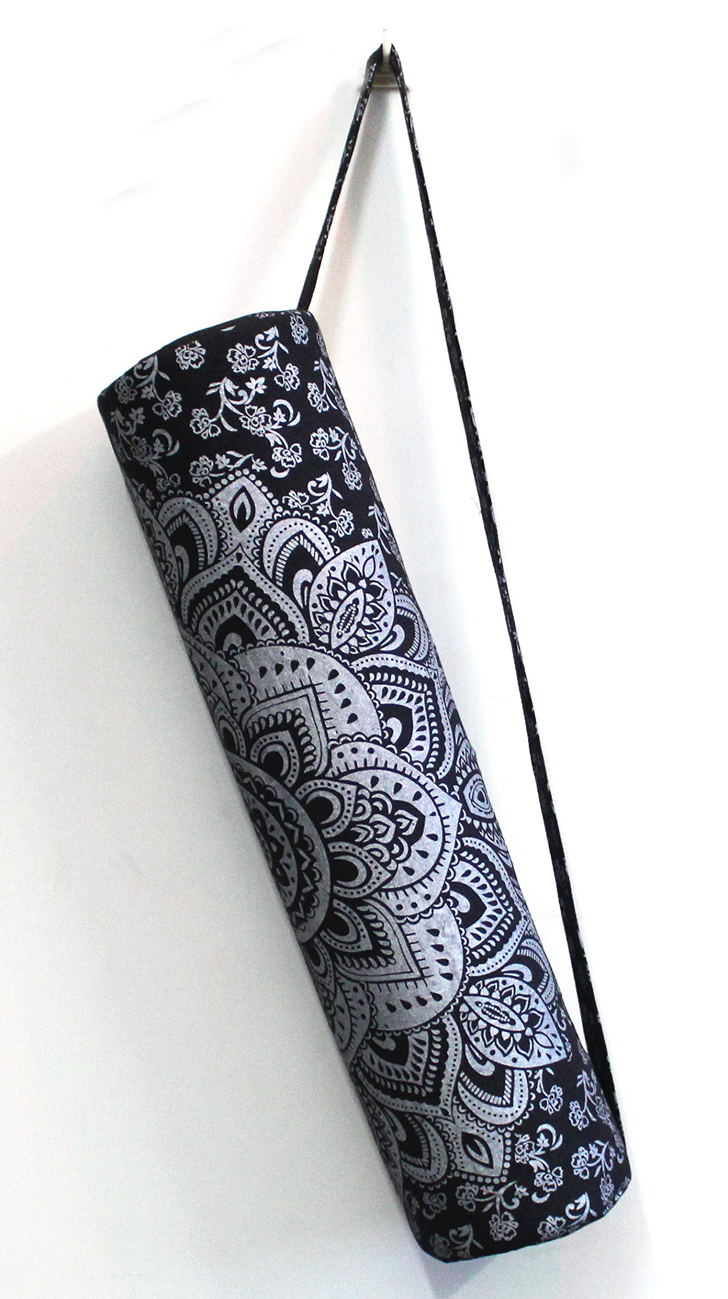 CRAFT KALA Indian Mandala Handmade Cotton Hand Full-Zip Exercise Yoga Mat Carry Bag Gym Beach Pilates Carrier Bags Hippie Mandala Indian Cotton Bag (Black Silver Flower)-image-45