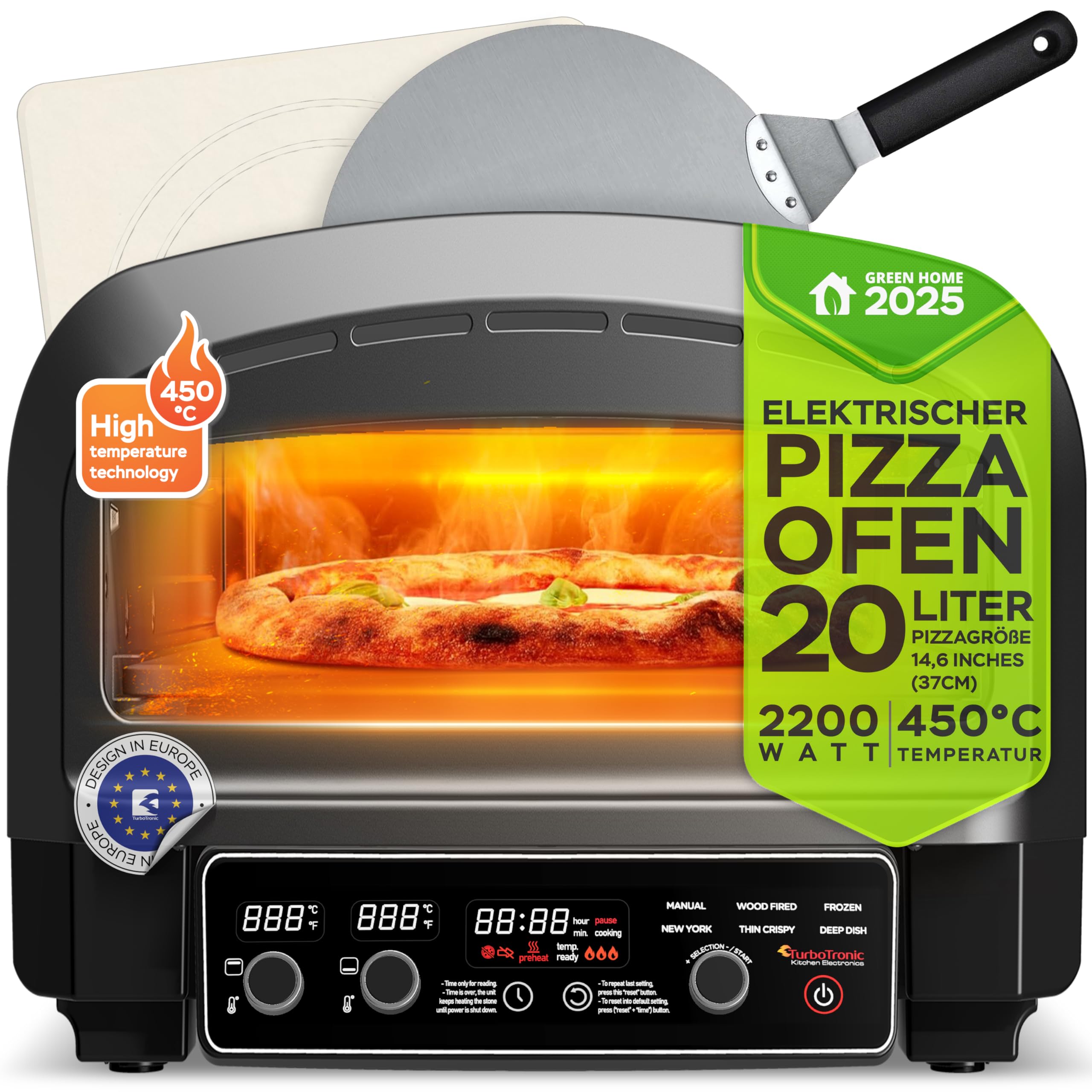 Elektrischer Pizzaofen bis 450°C für 37cm (14,6") große Pizza New York mit Pizzastein Indoor/Outdoor 2200W Garten für Zuhause kleine Back Ofen Tisch Flammkuchen mobiler inkl. Pizzaschieber