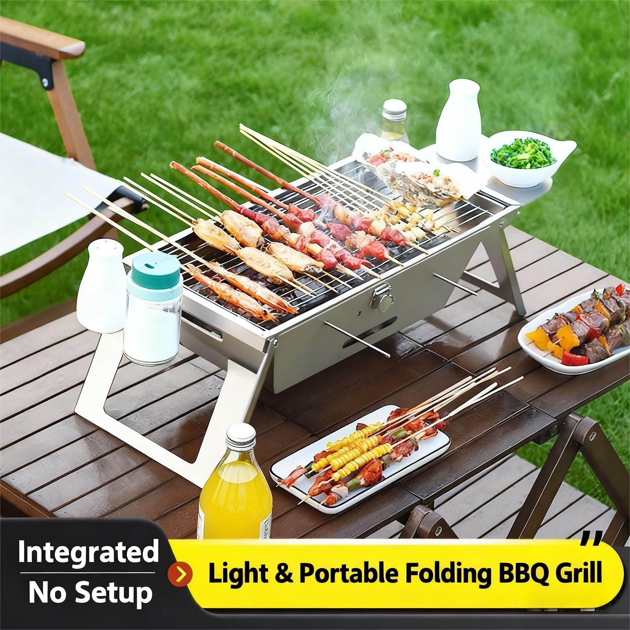 Hualisen Edelstahl Holzkohlegrill,28x6.7in Klein BBQ Grill Portable,Klappgrill mit Handschuhen und Aufbewahrungstasche Tischgrill für Partys, Picknickgrill, Reisen, Campinggrill (SK)