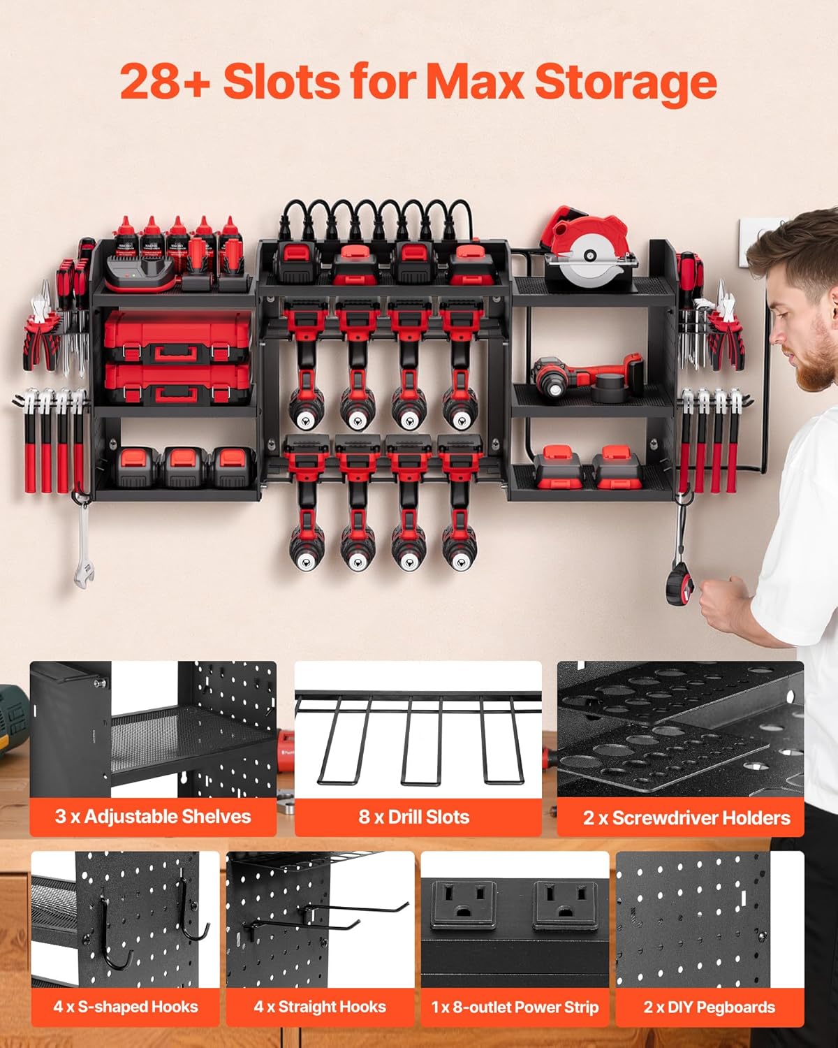 VEVOR Power Tool Organizer with Charging Station, 3-Layer Power Tool Battery Storage Rack with 5.58 ft Power Strip, 8 Drill Holders & 8 Outlets, Garage Tool Organizer for Garage, Workbench, Workshop