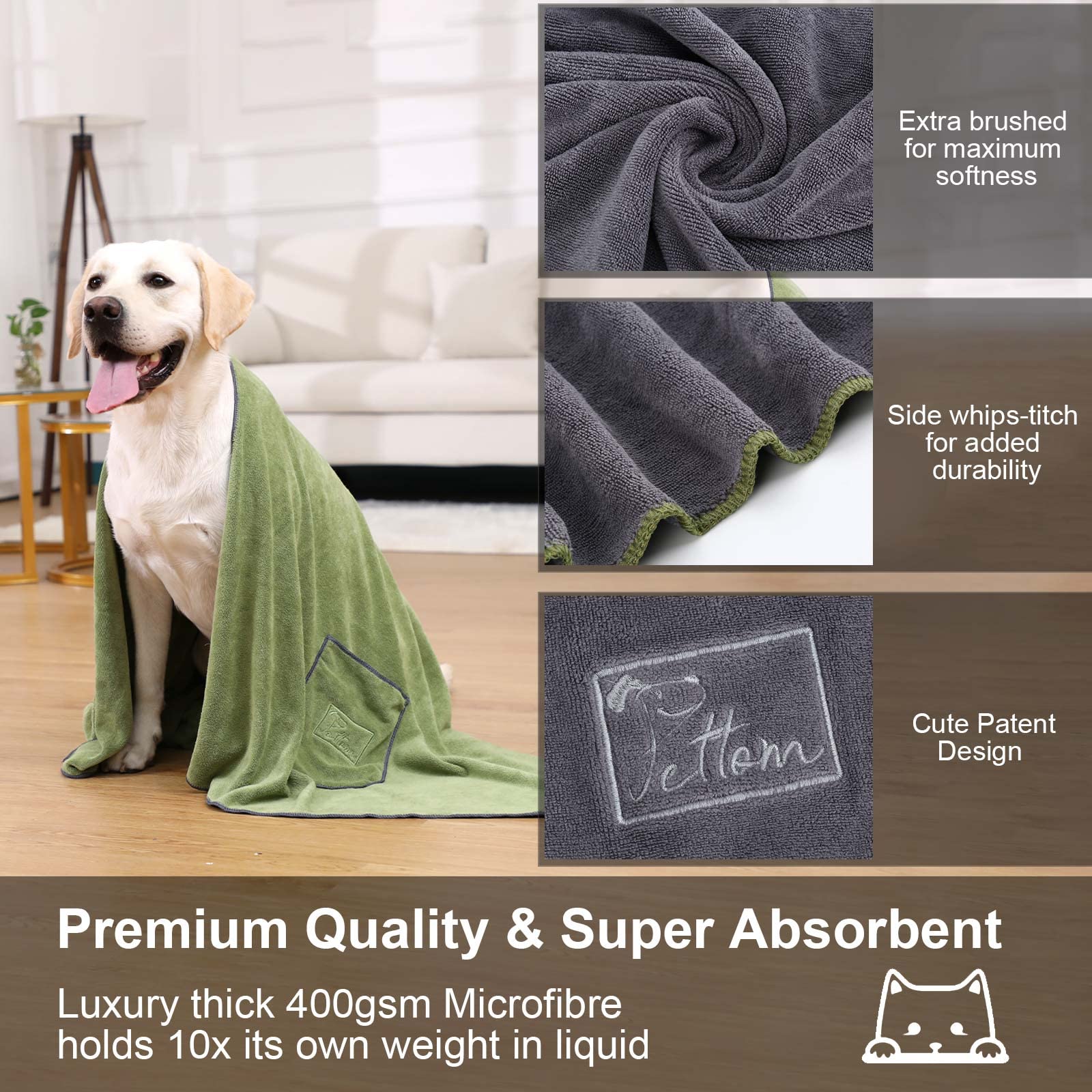 PETTOM 2er Set Hundehandtuch, Hundehandtuch Extra Saugfähig, Handtuch Hund Mikrofaser Schnell Trocknend und Weich, Badehandtuch für mittelgroße & große Hunde (Grau & Grün, 130x75 cm)