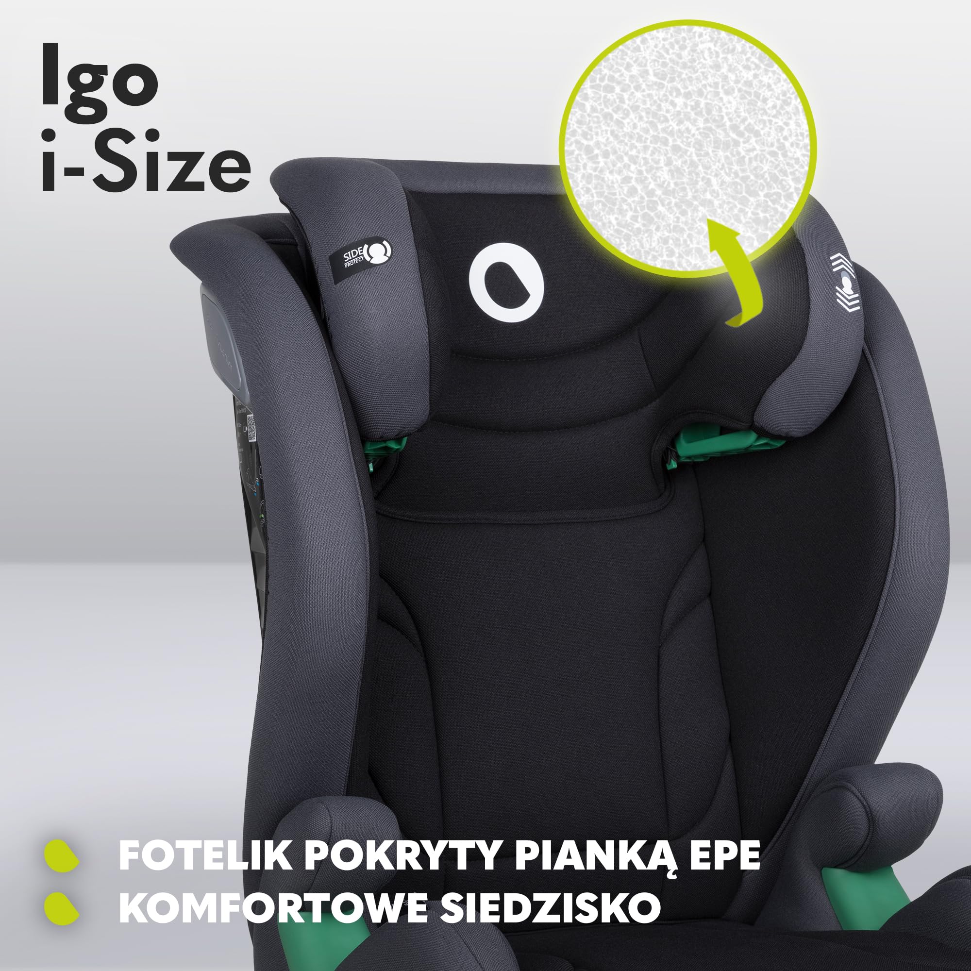 LIONELO IGO I-SIZE Fotelik Samochodowy Dziecięcy, Grupa 2 3, od 100-150 cm Montaż Przodem ISOFIX lub Pasy, Regulacja Oparcia i Zagłówka z Pianką Memory Foam Wypinane Oparcie (Grafitowy)