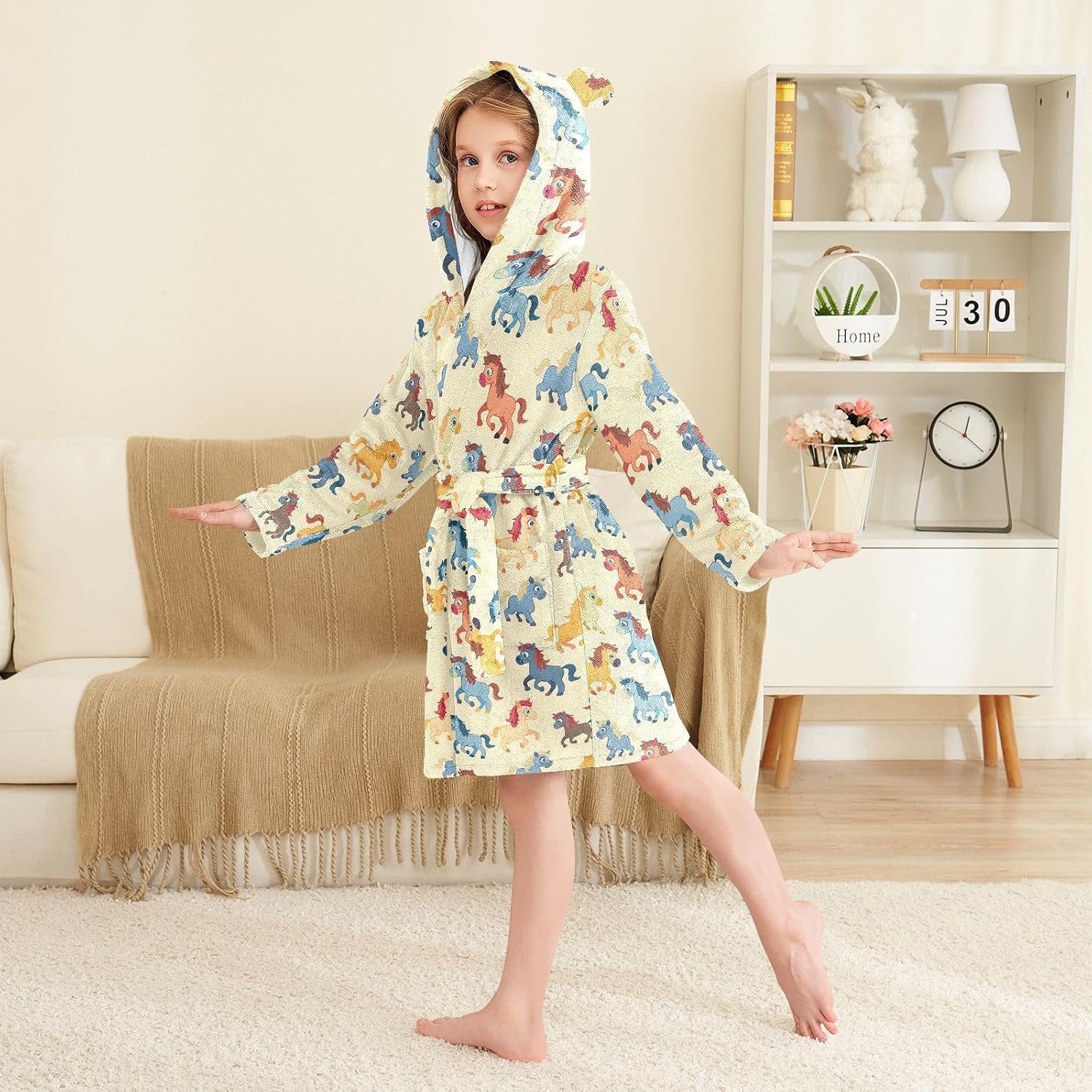 senya Cartoon Horse Colorful Toddler Hooded Bathrobe Kids Soft Plush Bath Towel Robes for Boys Girls 2-12 Years