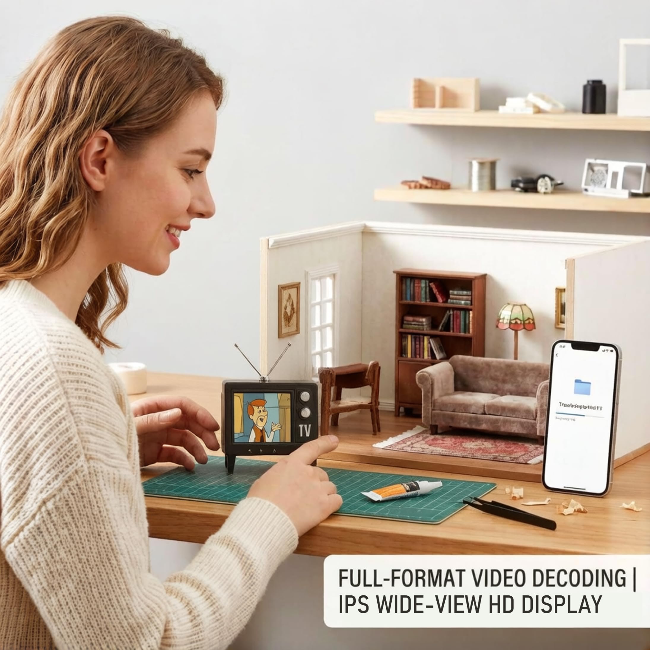 Mini TV retrò, mini TV portatile da 2,4 pollici con memoria da 8 GB, schermo Ips HD e batteria da 1500 mAh per scene in miniatura della casa delle bambole, nero