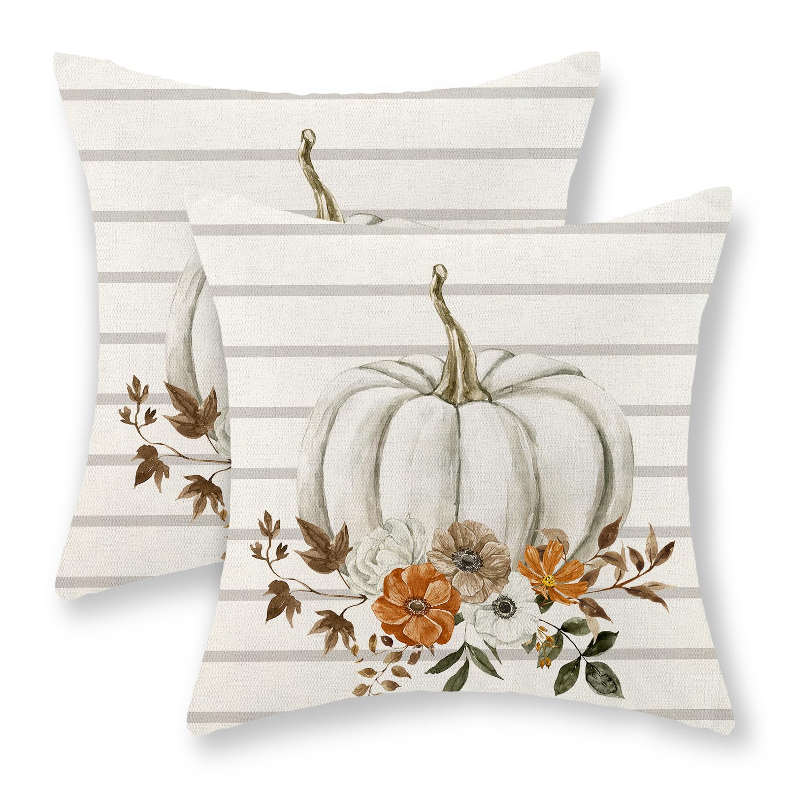 AEIOAE Fall Pillow Covers 20x20 Inch Set of 2 Watercolor Pumpkin Throw Pillows Case,Gray Stripes Autumn Flower Outdoor Decorative Linen Farmhouse