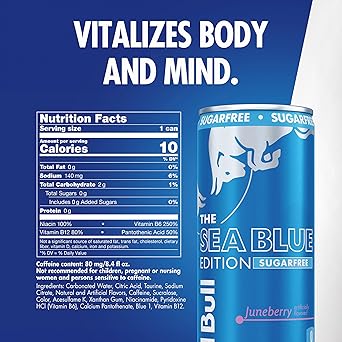 Red Bull Sea Blue Edition Sugar-Free Energy Drink, Juneberry, with 80mg Caffeine plus Taurine & B Vitamins, 8.4 Fl Oz, Pack of 24 Cans (6 packs of 4)