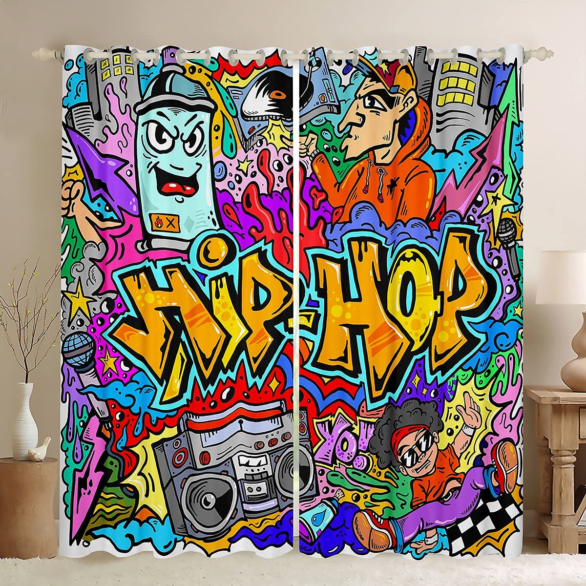 Tbrand Boys Multi 12 Hippie Graffiti Room Curtain Hip Hop Radio Rock Curtain For Bedroom Kids Colorful Graffiti Pattern Curtain Watercolor Art Drapes,W46*L72