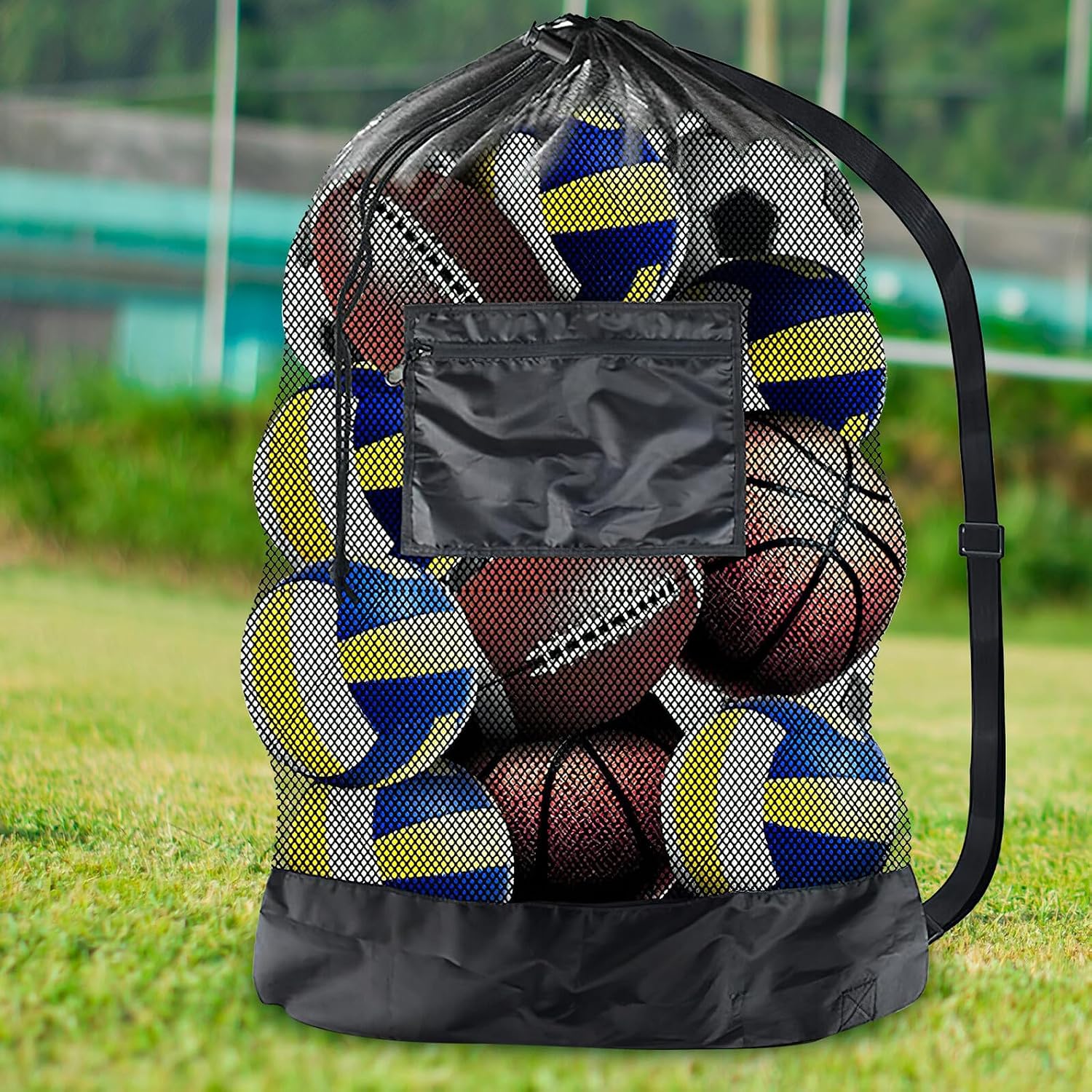 Heavy Duty Large Capacity Mesh Drawstring Bag with Shoulder Strap for Basketball Soccer Volleyball Ball Storage and Transport, Portable Sports Equipment Carrier for Outdoor Team