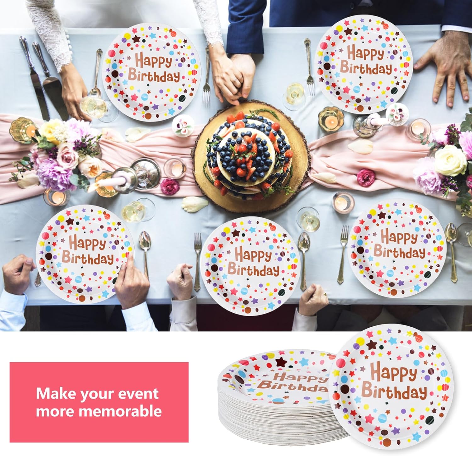 120 Pcs Happy Birthday Party Paper Plates 7 Inch Disposable Cake Dessert Plates Polka Dots for Birthday Party Decorations Favors Supplies