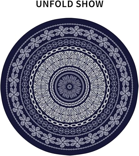 Miniatura 3 de Mantel redondo bohemio con diseño geométrico de flores azules de 60 pulgadas, impermeable, resistente a las manchas, mantel decorativo para pícnic,