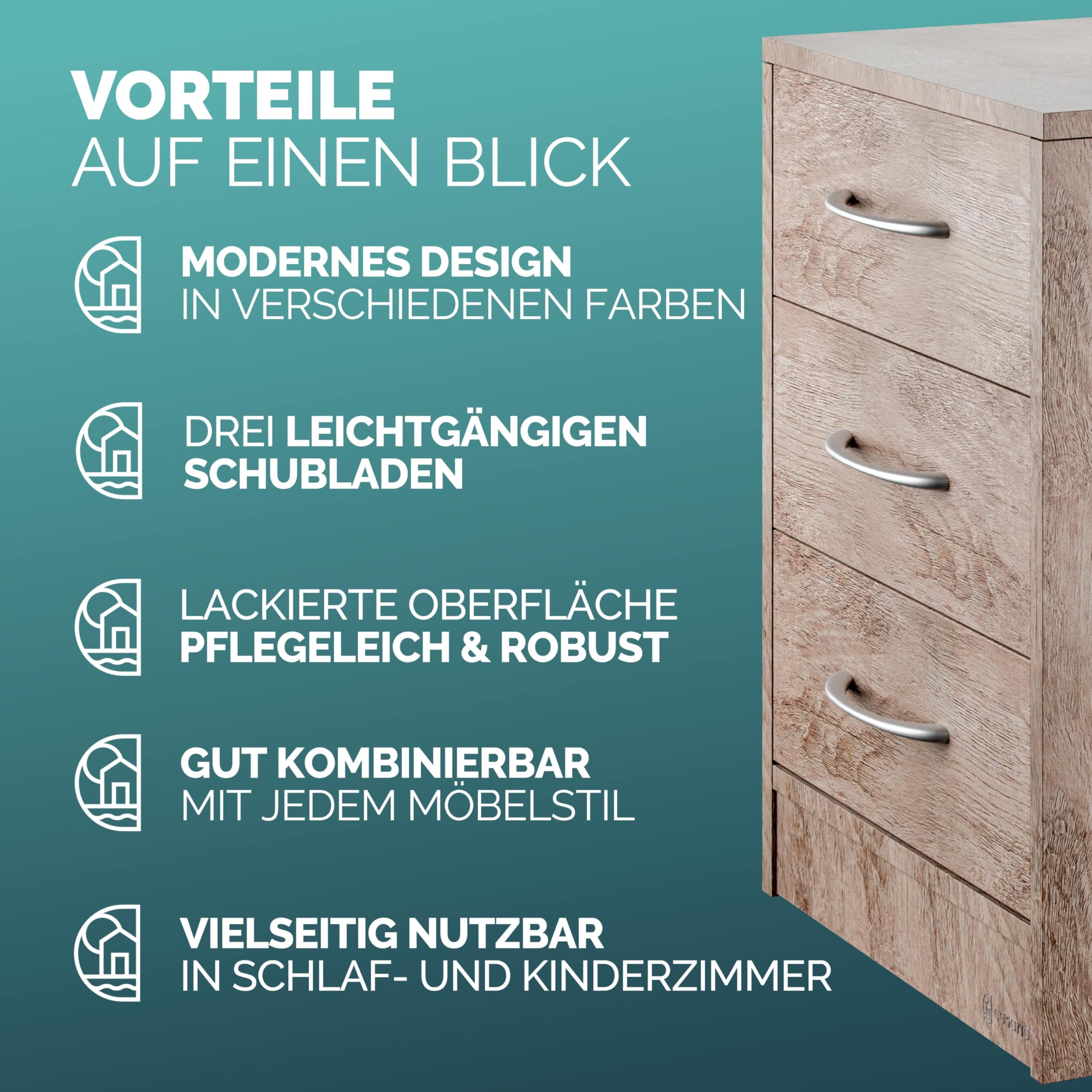 CASARIA 2X Nachttisch mit 3 Schubladen Holz Eiche – Ansicht 10