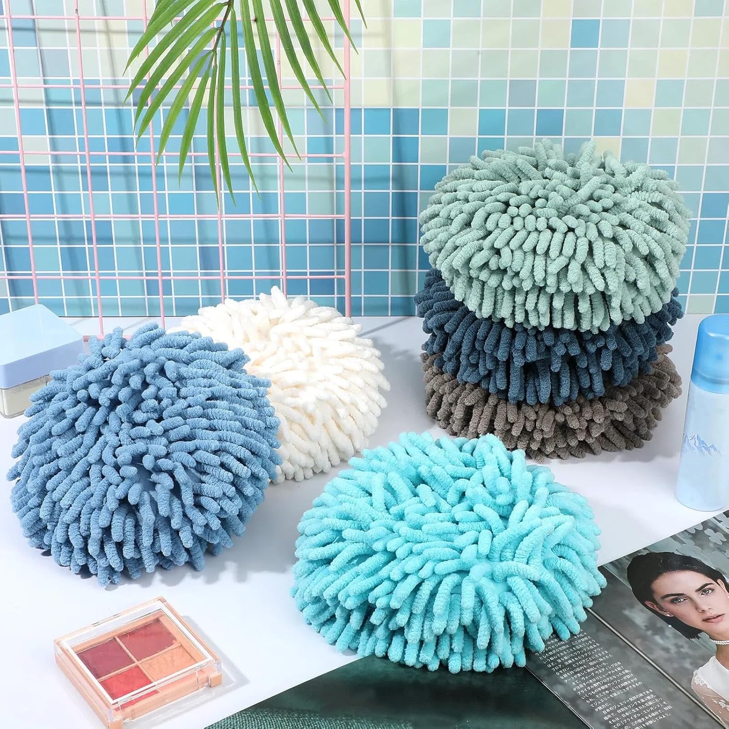 Macarrie 12 Packs Fluffy Towel Chenille Hand Towel Absorbent Fast Drying Hand Drying Puff with Loop for Bathroom Kitchen Decor, 6 Colors