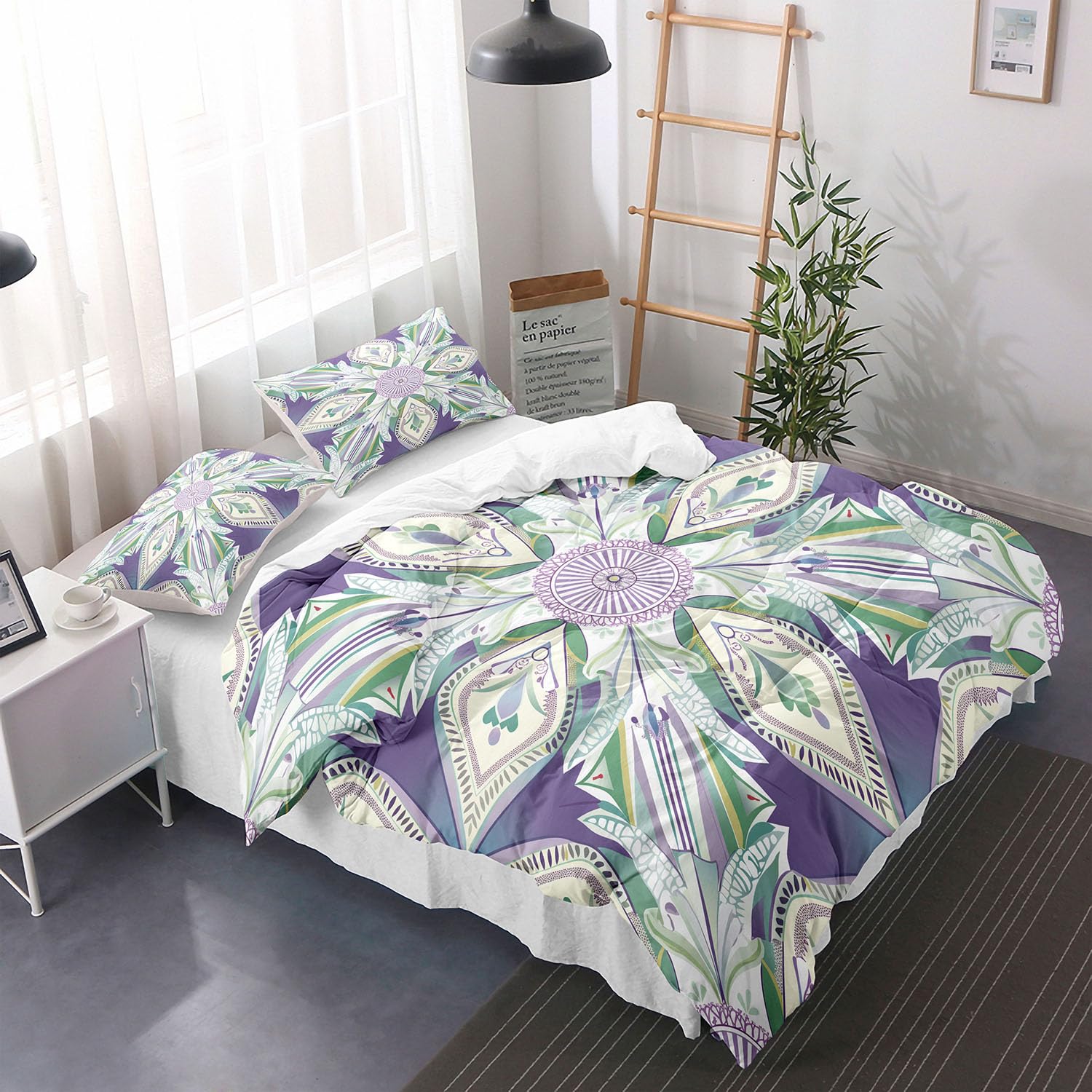 Housse de couette luxueuse violette 260x240 au style bohème rétro chic pour lit king size