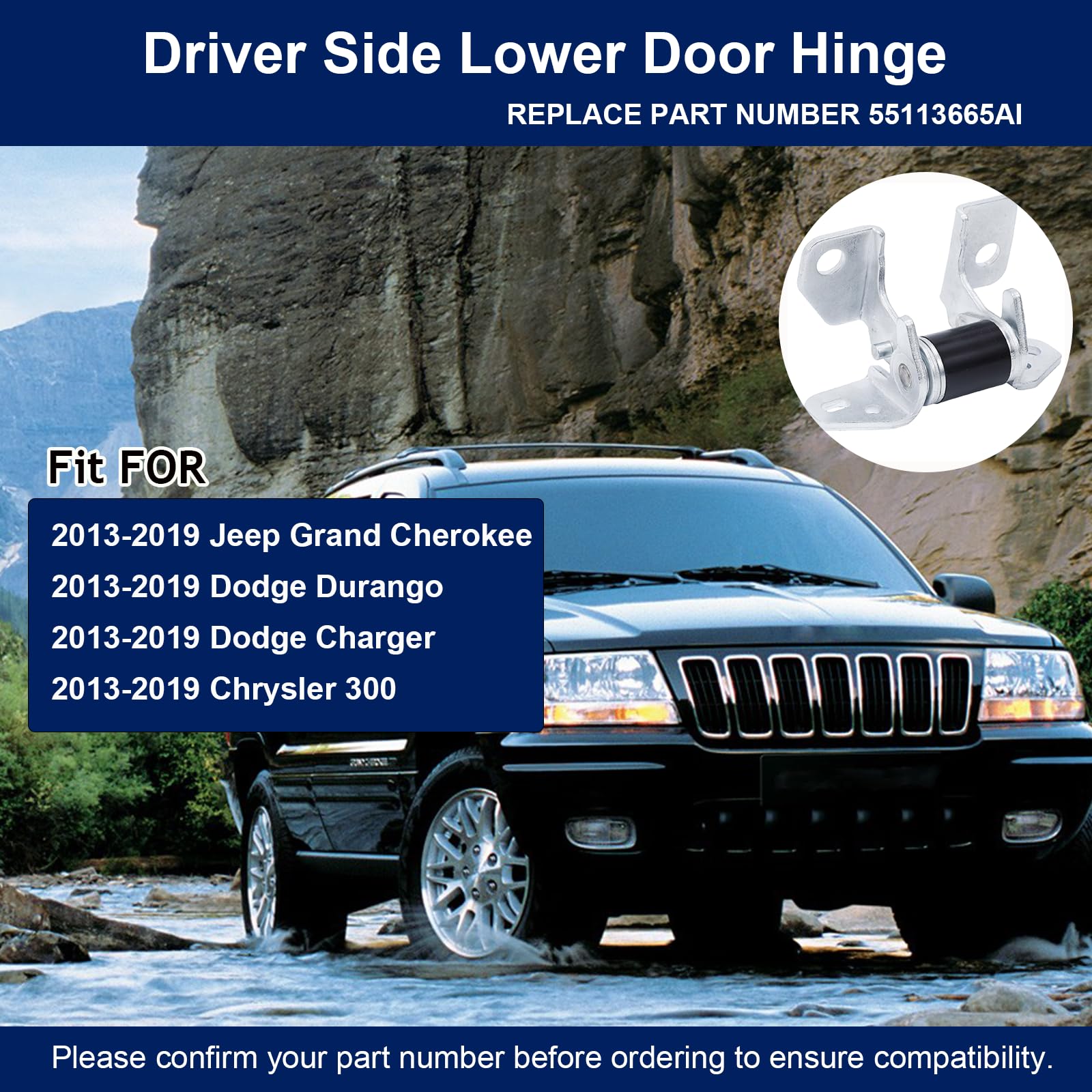 Unteres Türscharnier für Fahrerseite, kompatibel mit Jeep Grand Cherokee 2013–2024, Dodge Durango Charger Chrysler 300, ersetzt #55113665AI