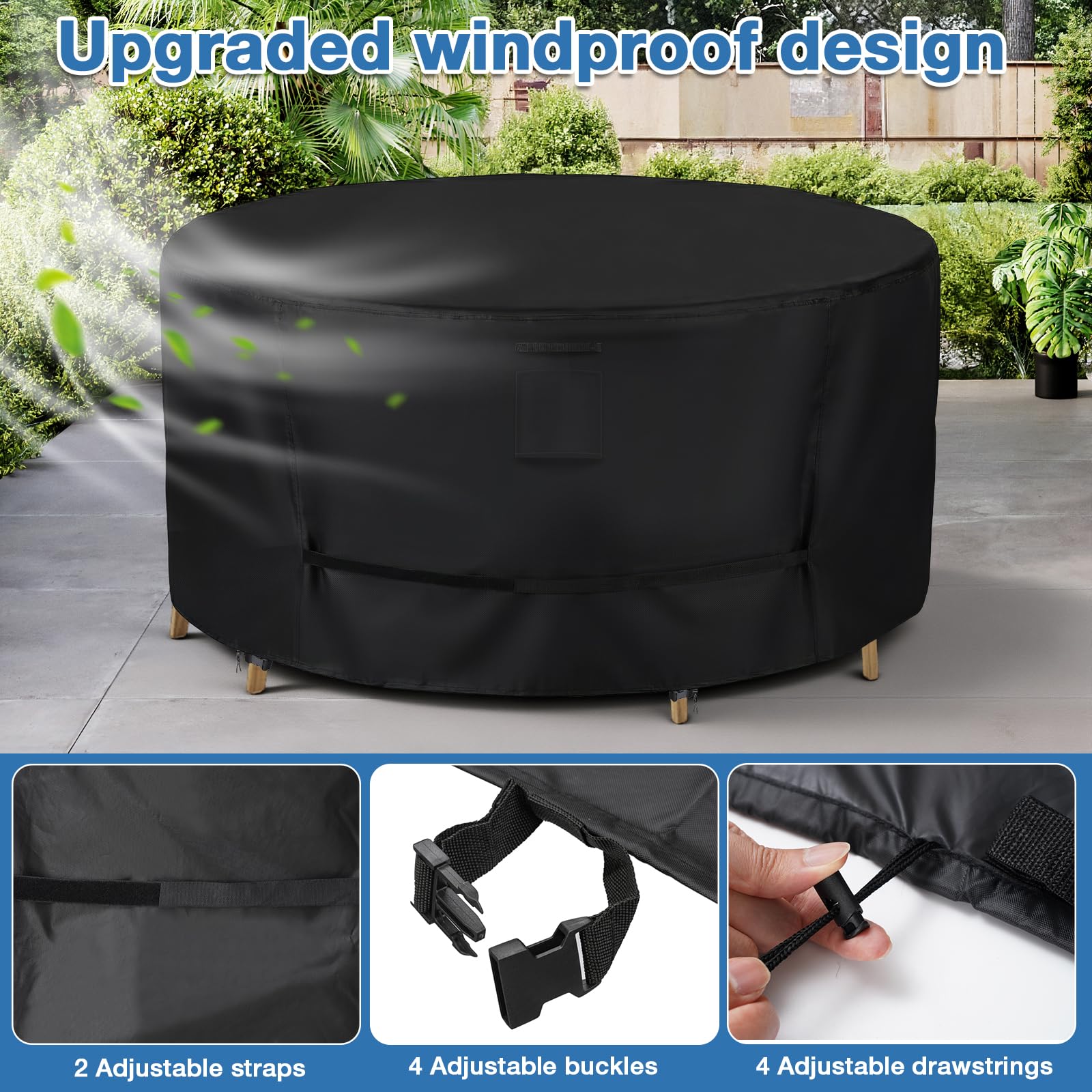 GARPROVM Housse ronde pour table de jardin 420D Oxford 420D imperméable coupe-vent anti-UV avec aérations et sangles Noir 190 x 80 cm