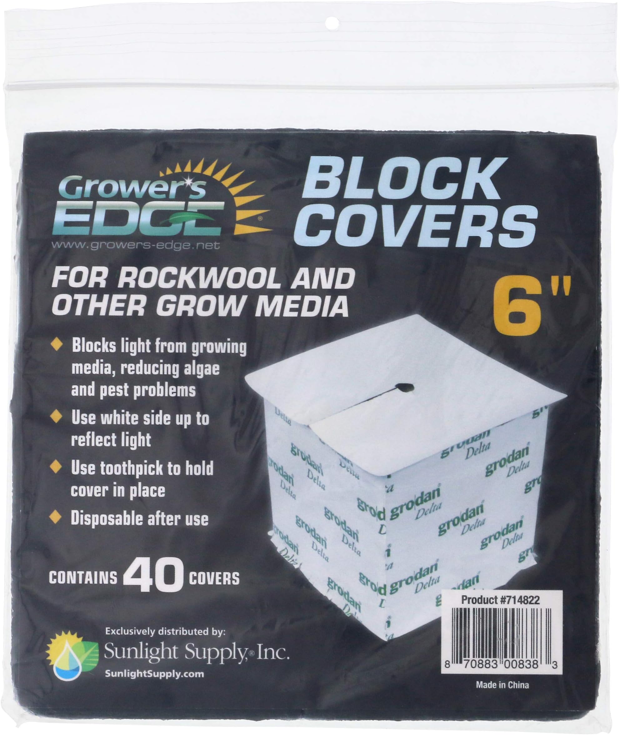 Grower's EdgeBlock Covers, Blocks Light from Growing Media, Reduces Algae and Pest Problems, Use with Rockwool and Other Growing Media, Each Pack Contains 40 Covers, Covers are 6-inches