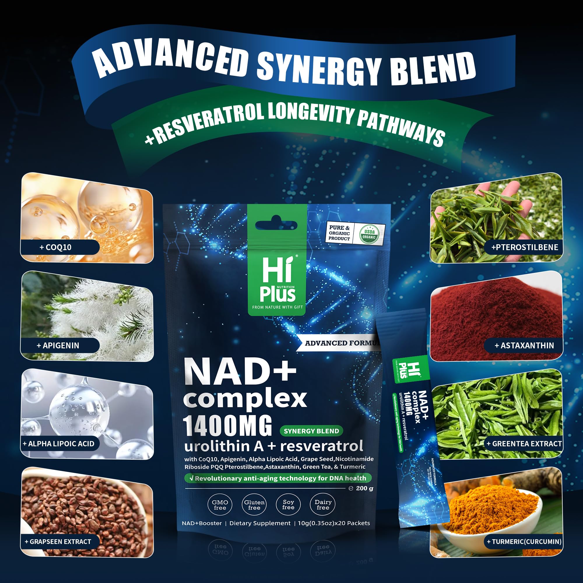 1400mg NAD+ Liquid Supplement for Anti Aging and Cell Regeneration, Urolithin A, Premium Alternative Liposomal, Nicotinamide Riboside with Resveratrol, PQQ & CoQ10 - Advanced Cellular Energy, 20 Pack