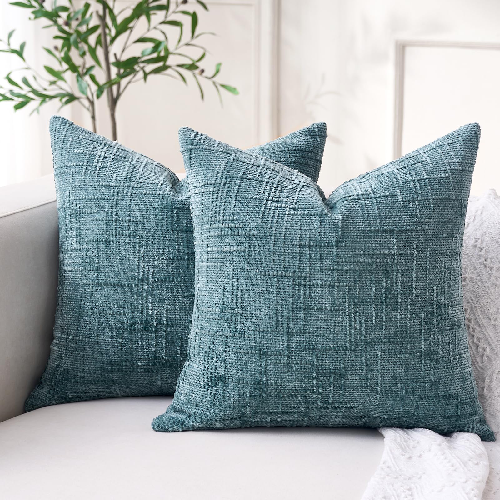 Duck Egg Cushion Covers 50 x 50 Chenille Modern Farmhouse Decor Sofa Pillow Throw Cushions Cozy Home Finds Decorative 50cm x 50cm Cushion Covers Blue for Sofa Living Room Home Decoration Bedroom Couch