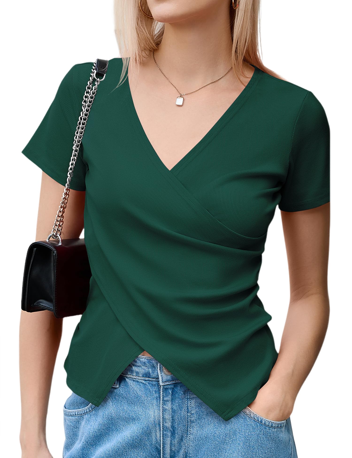 Micoson Women's Cross Wrap Tops Summer Deep V Neck T Shirts Casual Sexy Knit Short Sleeve Blouses Slim Fit Ruched Shirts