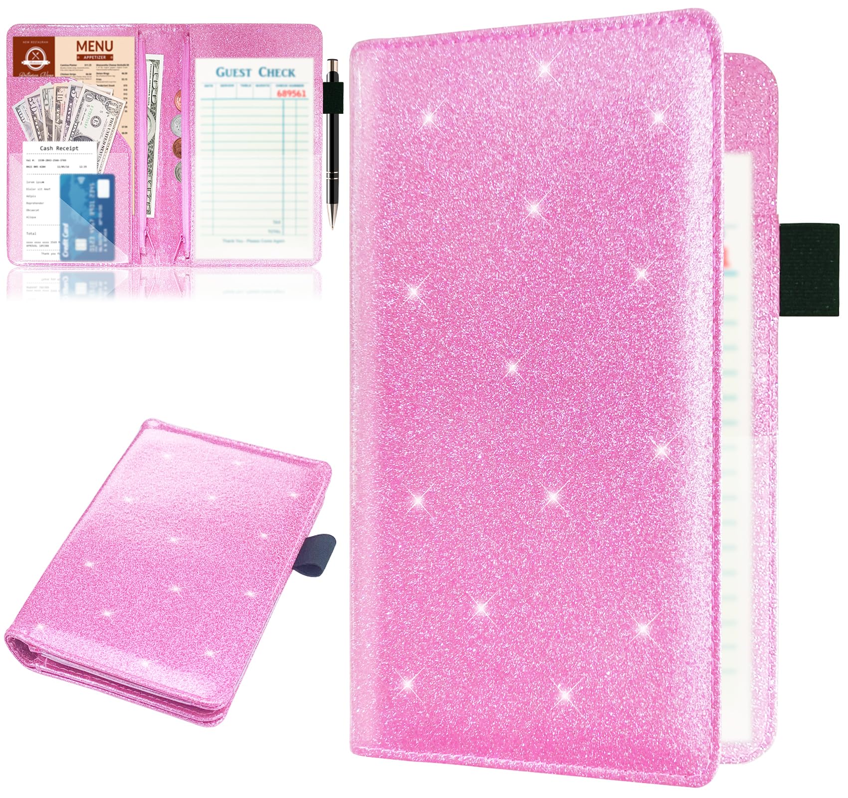 Server Books with 2 Zipper Pouch for Waitress, Waitress/Waiter Book Organizer, Guest Check Leather Book Holder Money Pocket Restaurant Waitstaff