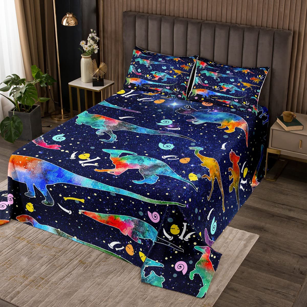 Loussiesd Galaxy Cartoon Dinor Duvet Cover Magical Fantasy Jungle Animal Coverlet Outer Space Colorful Wildlife Quilted Bedspread For Kids Adults Ultra Soft King Size
