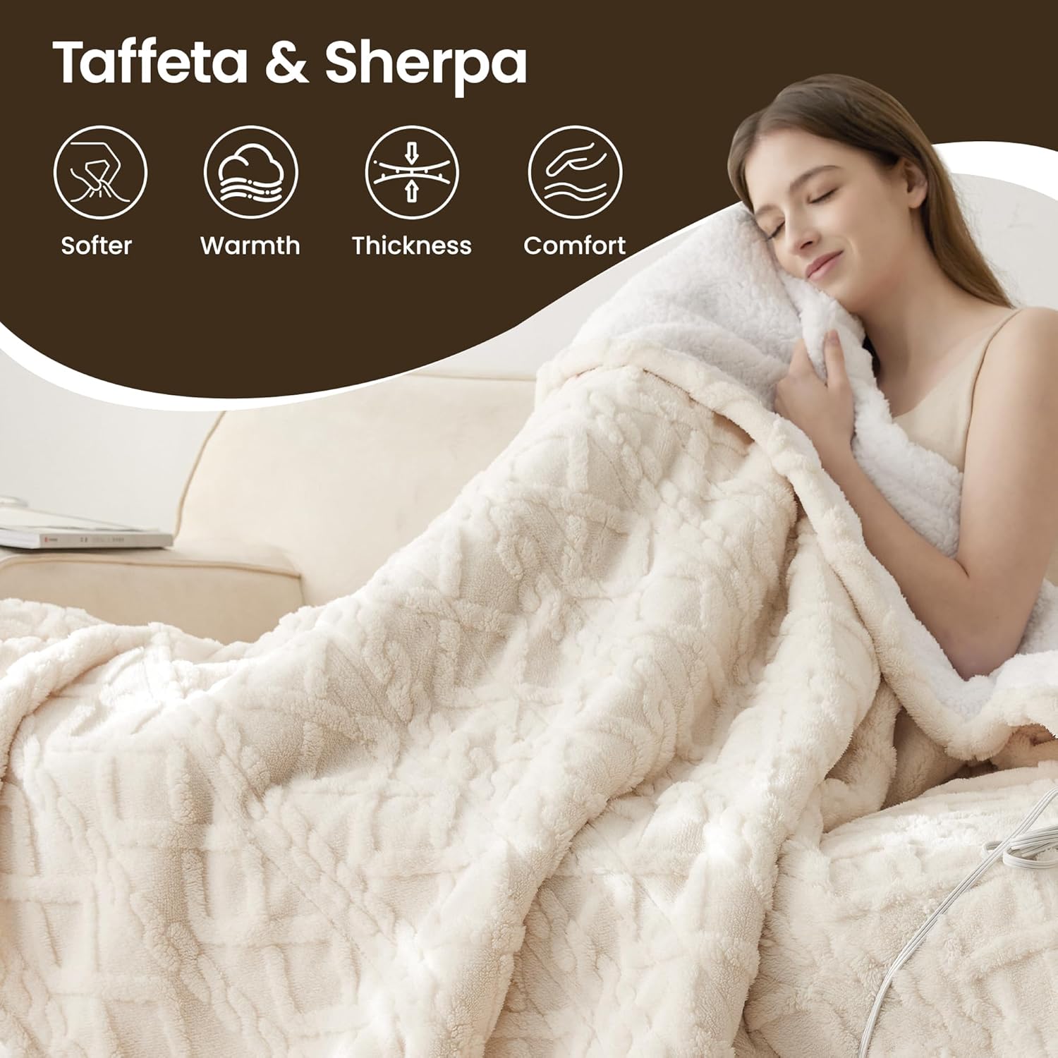 Heated Blanket Electric Blanket 50"x60", Soft Taffeta Sherpa Electric Throw with 5 Heating Level & 1-12 Hour Auto Off, Heated Throw with Overheating Protection, Machine Washable (Beige) - Image 5
