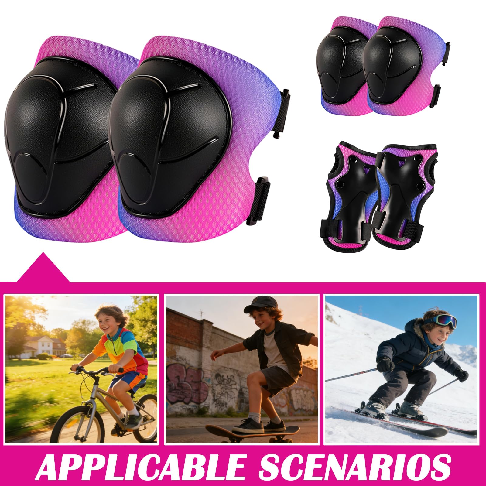 Juego de rodilleras para niños, 6 piezas, rodilleras, coderas, para inliner, monopatín, scooter, bicicleta, deportes al aire libre, ajustables, cómodas y transpirables, para 2-7 años / 10-30 kg — view 7