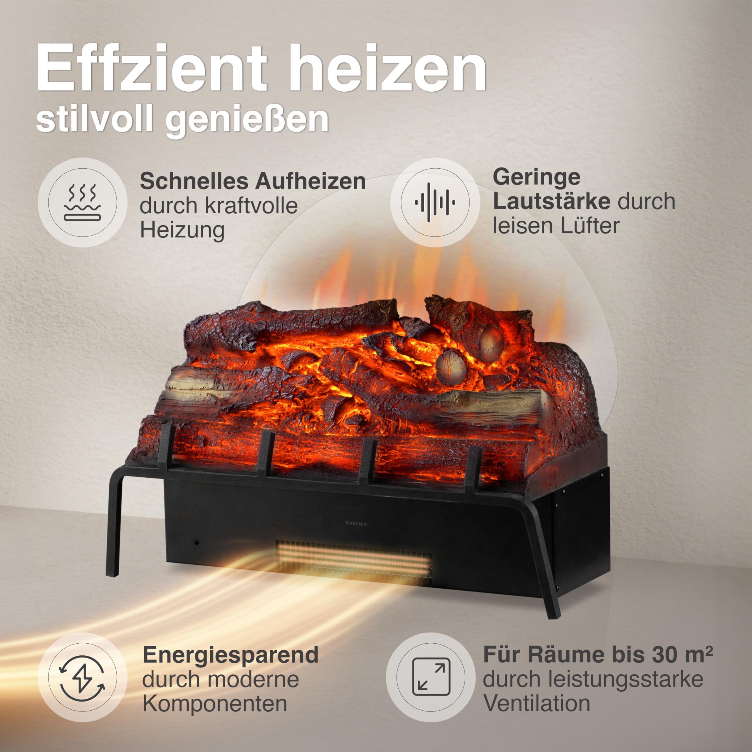 KAMINIO Elektrokamin Noah - Elektrischer Kamineinsatz mit Heizung, 3D-Flammeneffekt, Fernbedienung