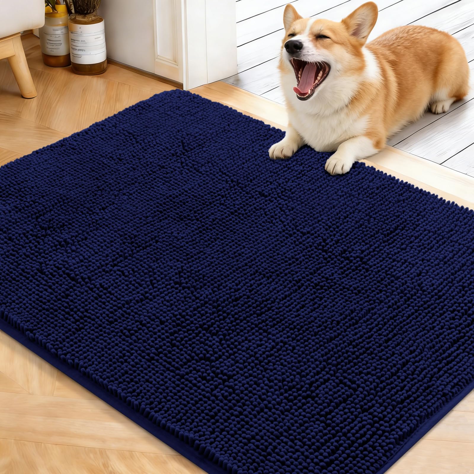 OLANLY Dog Door Mat with Muddy Paws, Absorbs Moisture Dirt Absorbent Non-Slip Washable Quick Dry Dog Entrance Mat for Indoor Floor, Blue