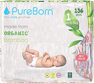 PureBorn Organic Bamboo Baby Nappies Size 1 | Hypoallergenic Disposable Diapers with Ultra Soft Comfort & Wetness Indicator | Leopard Print 136-5kg