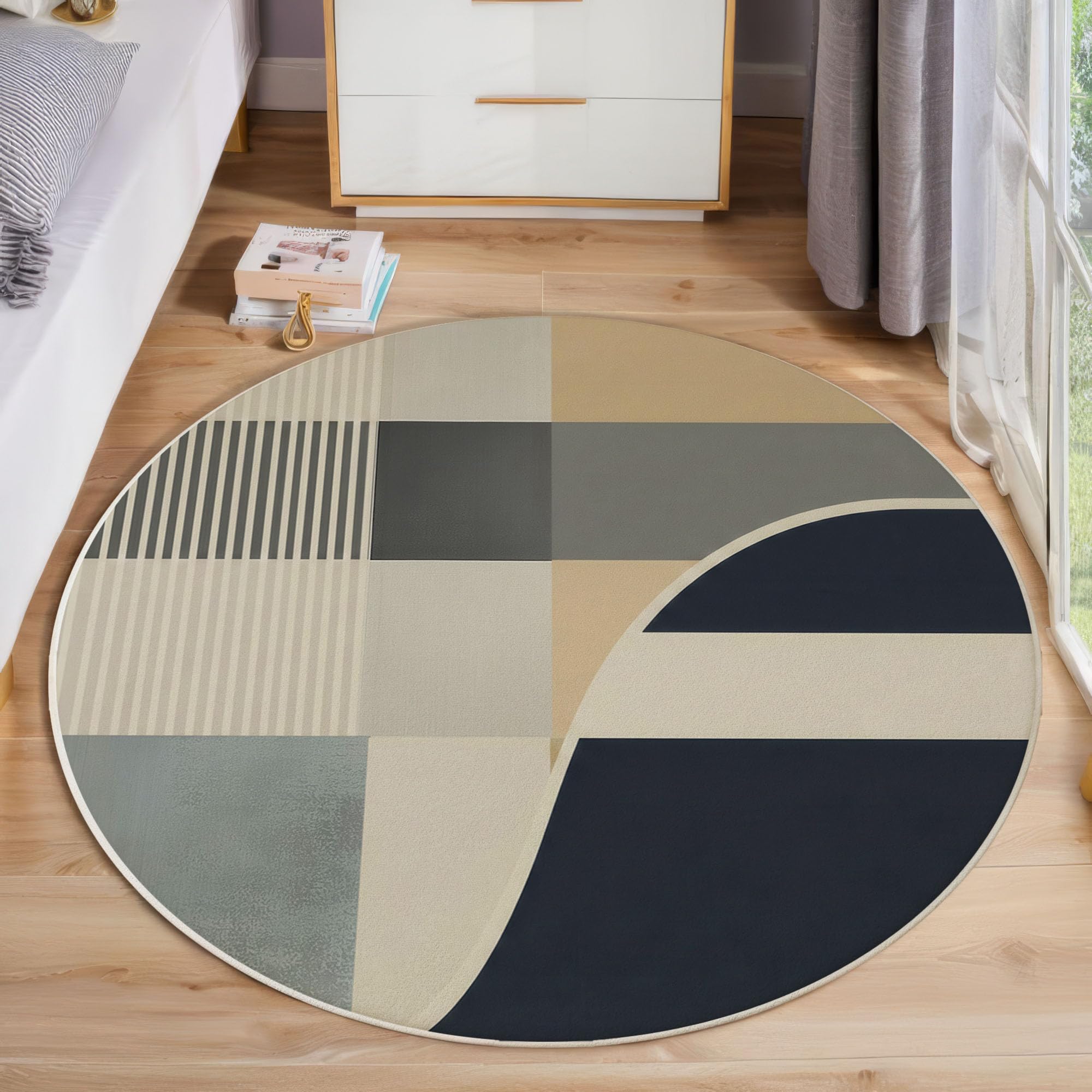 Tapis de porte rond 120cm lavable gris beige, tapis lignes et blocs de couleur moderne